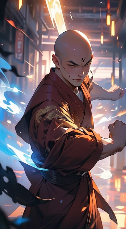 Handsome Shaolin monk、(((1 juvenile，bald-headed，buddhist monk，full bodyesbian，tear-mole:)))，full bodyesbian，Chinese Kung Fu，Sharp eyes，Clear facial features，dressed white hanfu，The body is surrounded by purple mist，Runes surround you，Martial arts action，Holographic reality，holographic halo，dynamic blur，Game lighting effects，rim-light，Soft light，cinematic rim light，The light is delicate