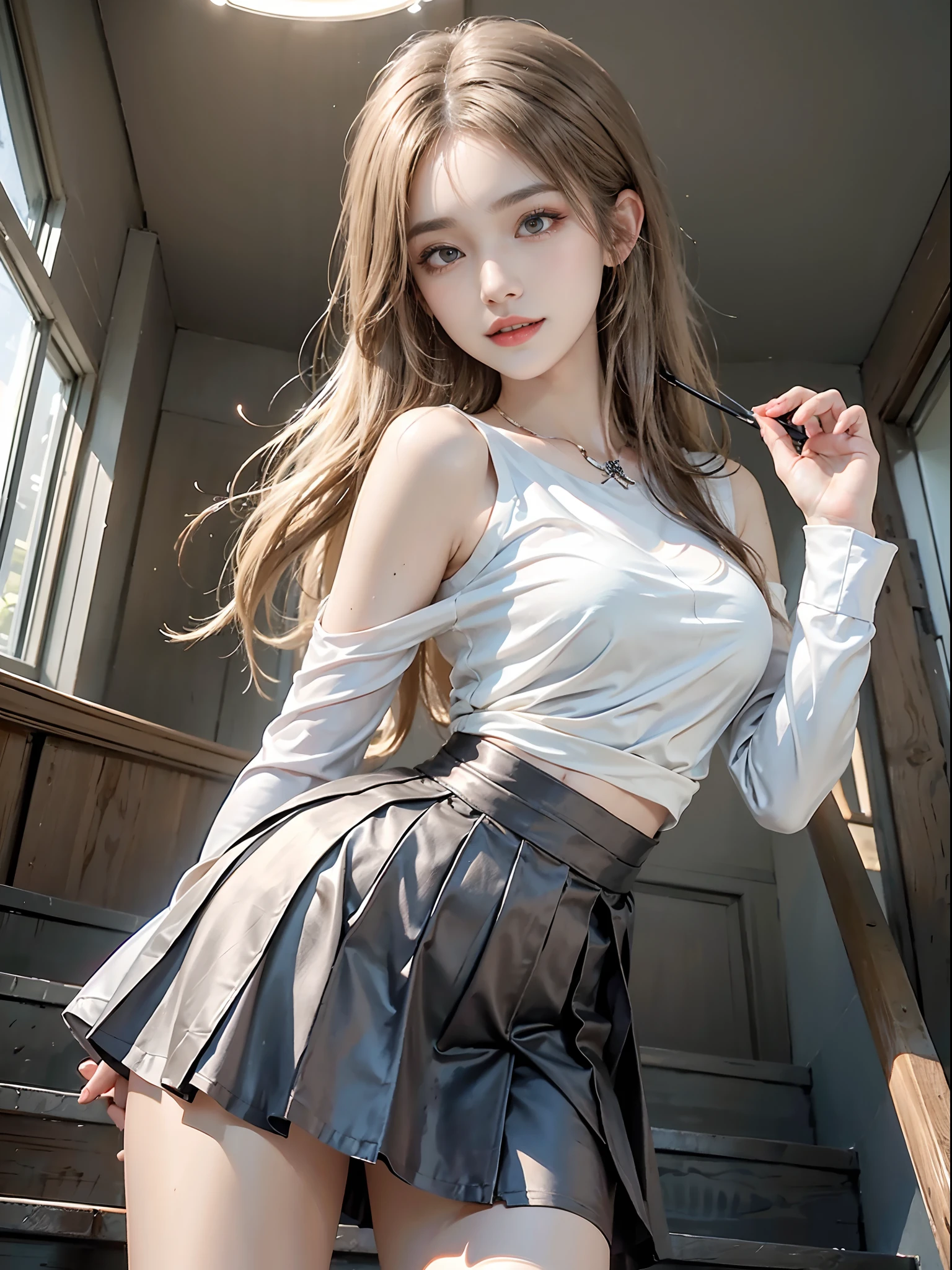 ((from below)), ((knee shot)) Korean school uniform,White color blouse, cropped shoulders, a black pleated skirt, Bright blonde hair,school stairs,Go down the school stairs,standing on your feet, Cross ed leg, posing elegantly, 8K original photos,A high resolution,20-year-old Korean model,beautiful eyes in detail,long eyelasher,beautiful double eyelid,eye shadows,eyes liner,Elongated eyes,Elongated eyes,Elongated eye shape, Sanbai's eyes,evil grin smile,Evil expression,Beautiful very thin legs,slender leg,Random medium hair,Hair tied behind the head,耳Nipple Ring, light make-up, ((warm lights, a warm color palette))