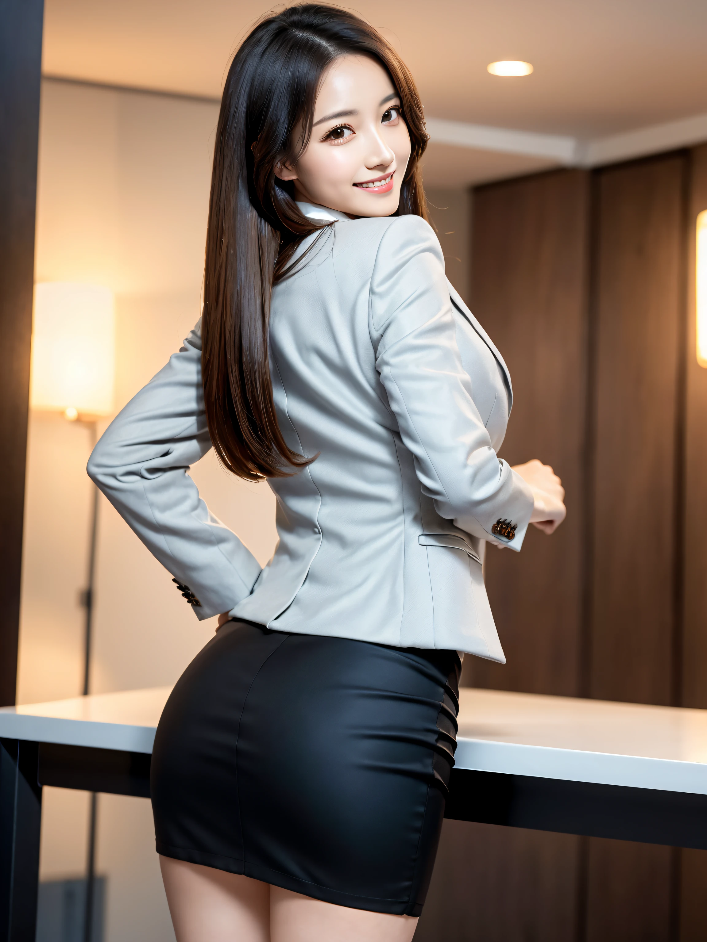 (masutepiece:1.3), (8K, Photorealistic, Raw photo, Best Quality: 1.4), Japanese, (1girl in), Beautiful face, (Realistic face), (Black hair), Beautiful hairstyle, Realistic eyes, Beautiful detailed eyes, (Realistic skin), Beautiful skin, Attractive, 超A high resolution, A hyper-realistic, Highly detailed, Golden ratio, (Full body:1.37), (Woman in pencil skirt and suit jacket with attention to detail:1.4), (Office Lady), professionattire, high-heels, (Happy smile:1.3), (long straight hair with a flowing shine,,,,,,,,,,,,:1.3), BREAK, (huge-breasted, Big ass:1.3), Scenery, (Beautiful sunrise background:1.2), from behind, Backshots, Arched back, (arms behind back), Beautiful detailed eyes, Looking at Viewer, From below, (No makeup), (Cute), Photon mapping, (Professional Lighting), finely detail, () ), (skirt rift:1.1),