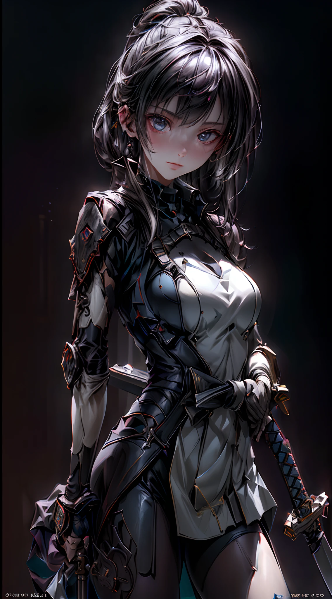 Highest quality、masterpiece、One with a giant weapon、Big longsword、Unreasonably large sword、Long sword slung over shoulder、spy、Expressionless、Full-body black latex combat suit、Ponytail Hair、Ｂcup chest、Slim Abs、Extremely delicate facial and skin texture、Beautiful woman with perfect figure、Expression of naked beauty、Humanoid combat weapon、Rubber-like clothing、Sharp eyes、Highest quality、masterpiece、Ultra-high resolution、８ｋ