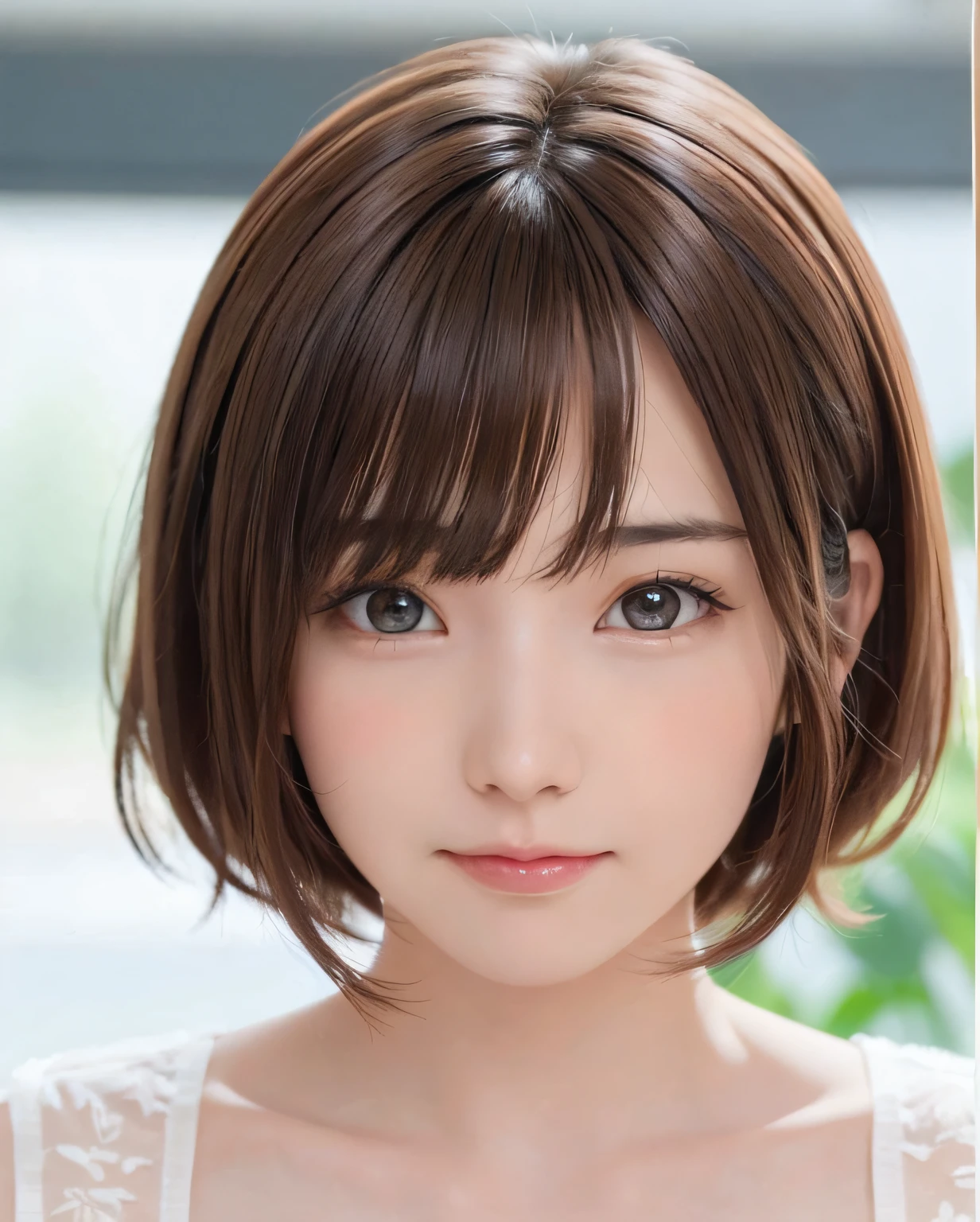 Best Quality, Photorealistic, 8K, hight resolution, fulcolor, 1girll, Woman, 20yr old female, (Closed mouth:1.73), with a pure white background，Bring skin care products closer to the cheeks，With fair skin，semi transparent， view the viewer:1.8, (1girl eyes looking at viewer:1.55), (Medium Hair, brown haired, parted hair:1.45), (Bokeh),