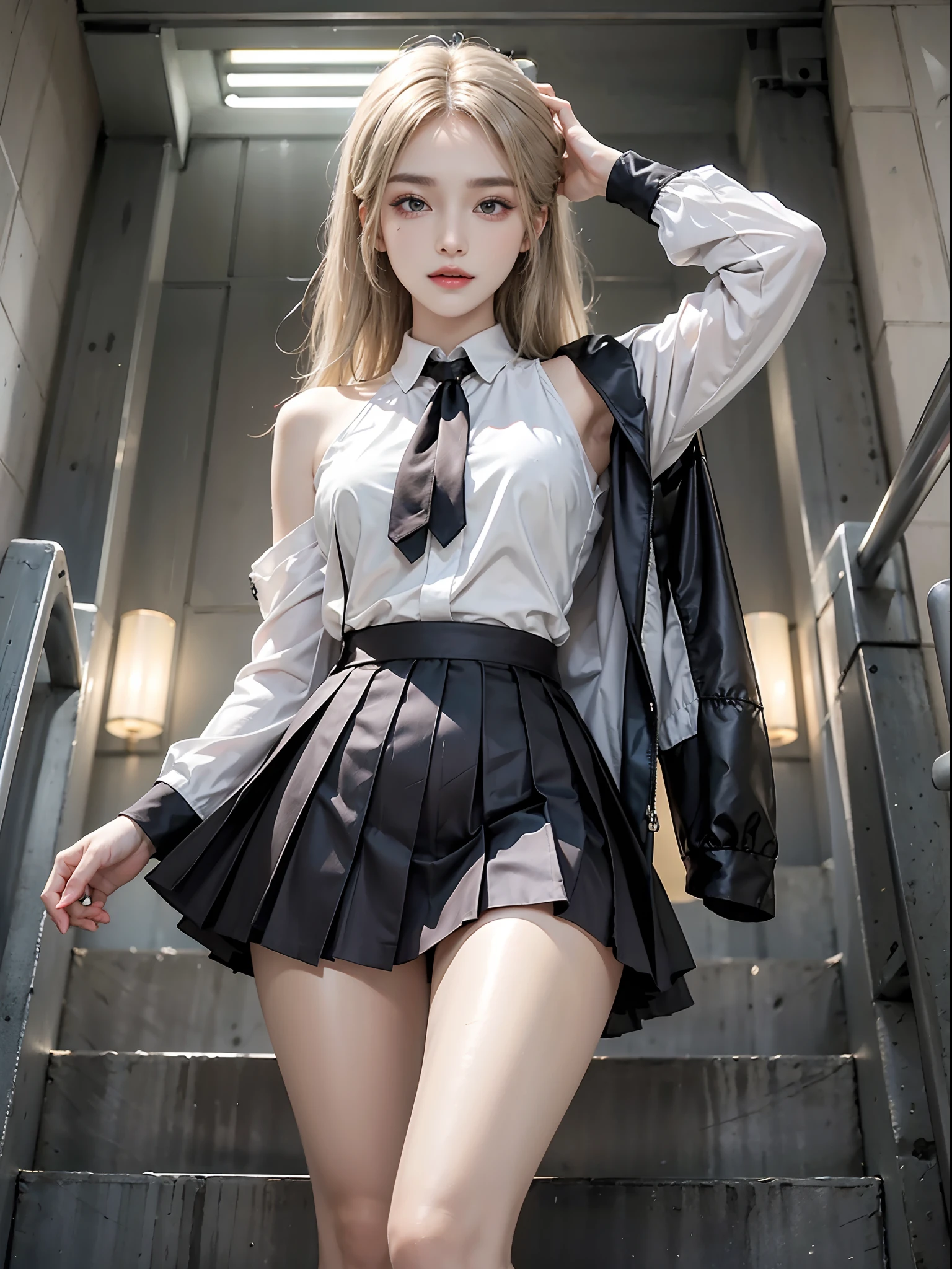 ((from below)), ((knee shot)) Korean school uniform，White color blouse, cropped shoulders, a black pleated skirt, Bright blonde hair，school stairs，Go down the school stairs，standing on your feet, Cross ed leg, posing elegantly, 8K original photos，A high resolution，20-year-old Korean model，beautiful eyes in detail，long eyelasher，beautiful double eyelid，eye shadows，eyes liner，Elongated eyes，Elongated eyes，Elongated eye shape， Sanbai's eyes，evil grin smile，Evil expression，Beautiful very thin legs，slender leg，Random medium hair，Hair tied behind the head，耳Nipple Ring, light make-up, ((warm lights, a warm color palette))