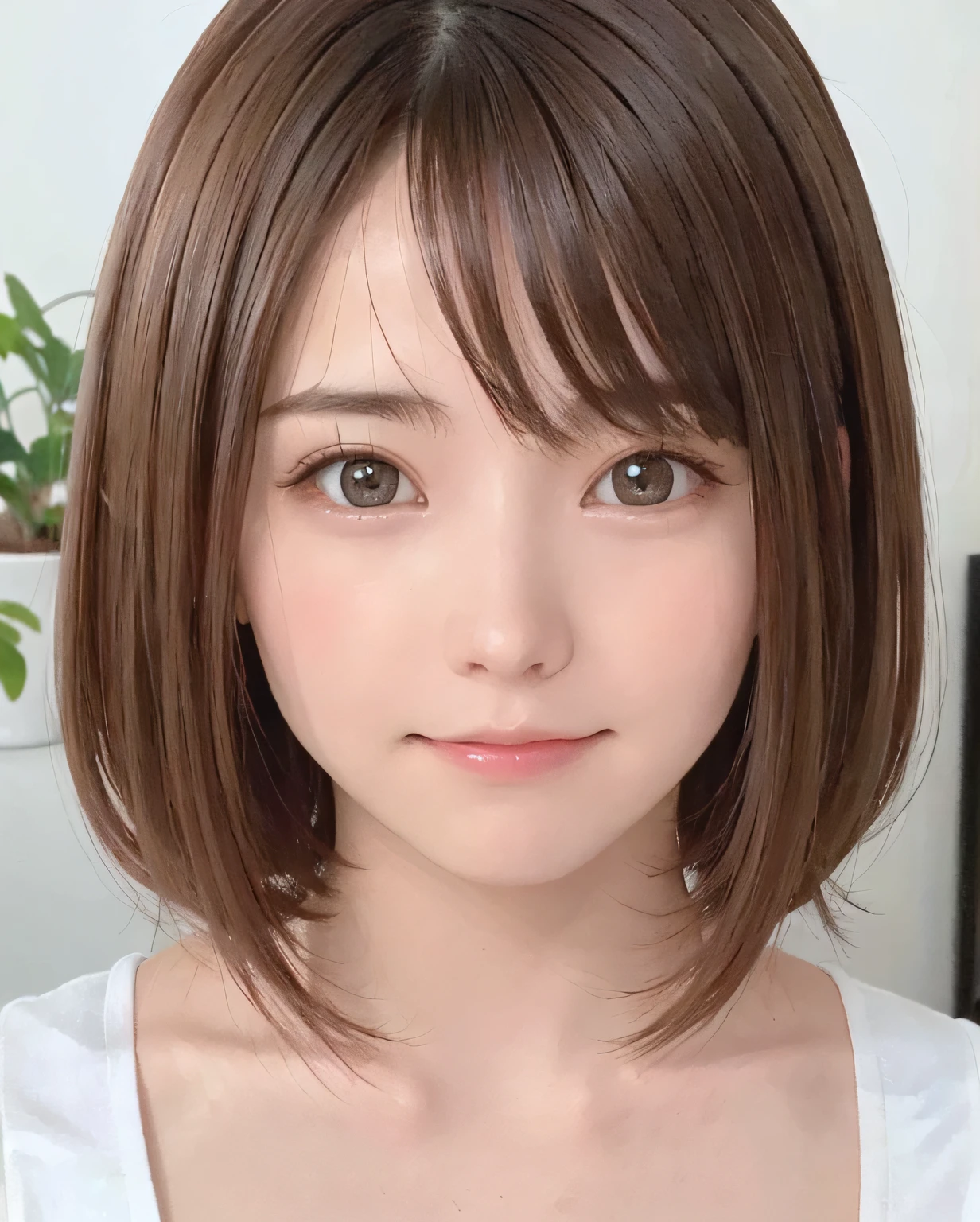Best Quality, Photorealistic, 8K, hight resolution, fulcolor, 1girll, Woman, 20yr old female, (Closed mouth:1.73), with a pure white background，Bring skin care products closer to the cheeks，With fair skin，semi transparent， view the viewer:1.8, (1girl eyes looking at viewer:1.55), (Medium Hair, brown haired, parted hair:1.45), (Bokeh),