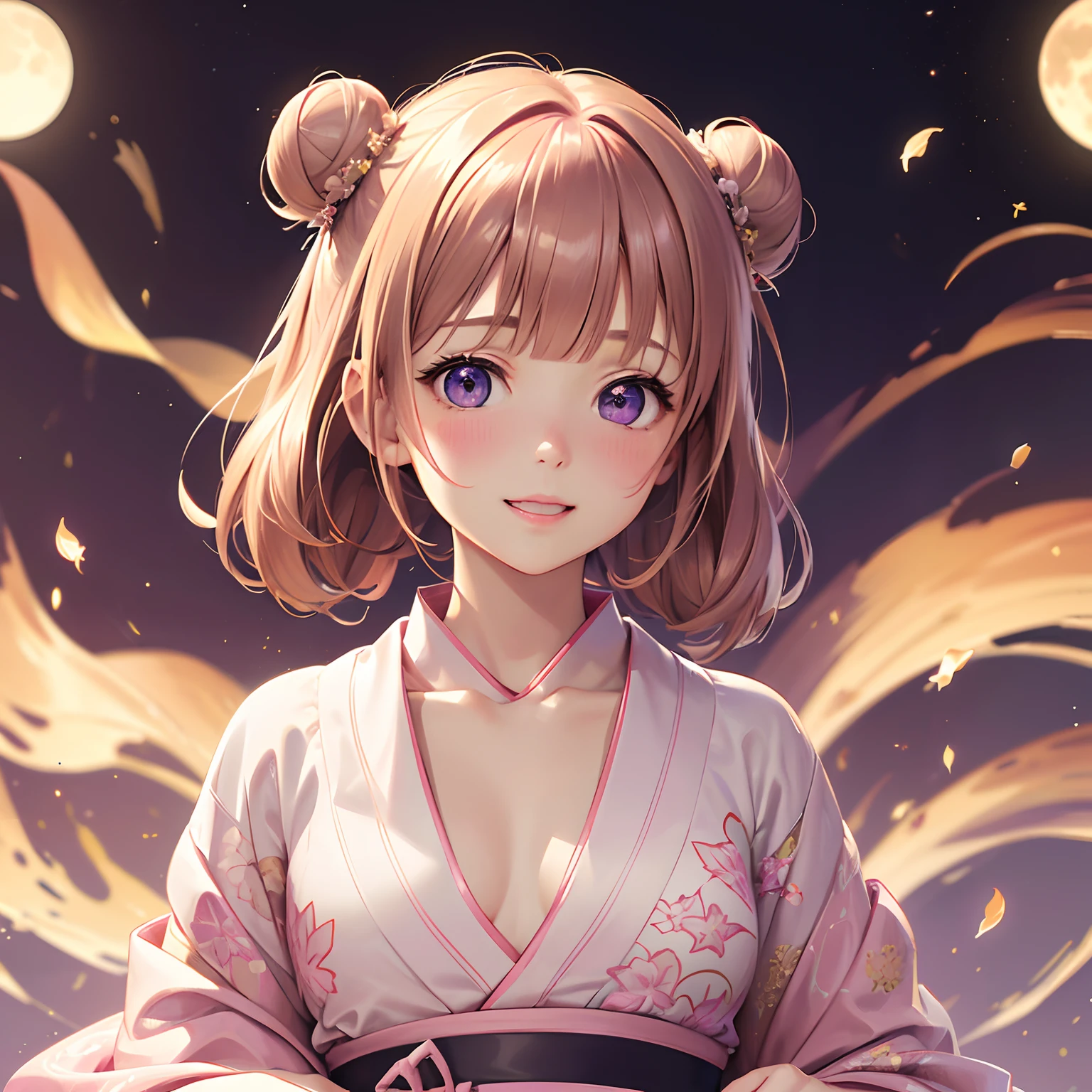 finest image, (8k, RAW photo, realistic), portrait, detailed and delicate depiction and flashy and dynamic painting method, brown medium hair, double bun, blunt bangs, cute girl, violet round big eyes, laugh, happy, shy, flat chest, slender, white and light pink Japanese kimono, white and light pink lilies, background big moon, iridescent golden particles
