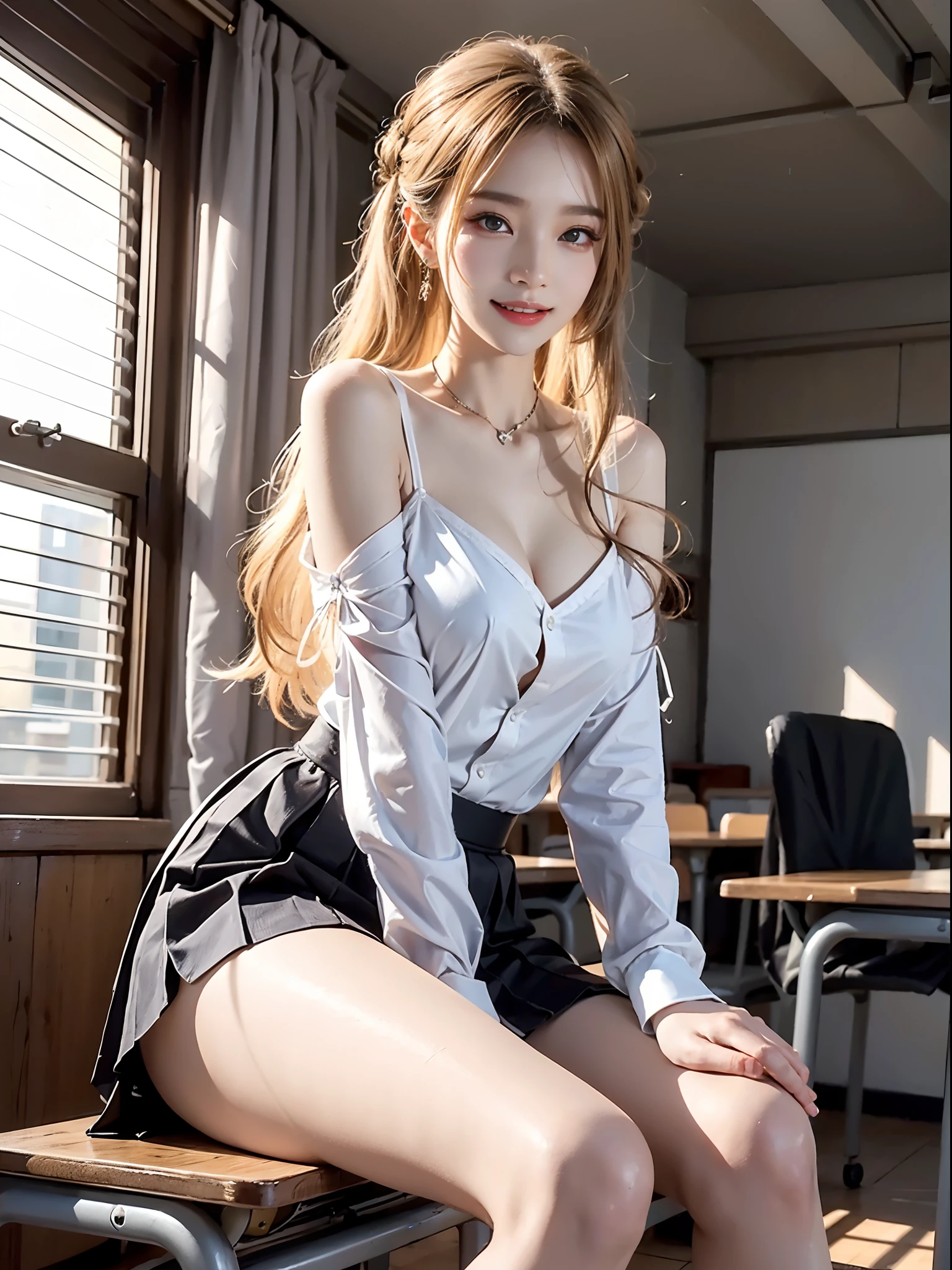 ((from below)), ((knee shot)) Korean school uniform,White color blouse, cropped shoulders, a black pleated skirt, Bright blonde hair,inside a classroom, Sit Pose, sitting on the classroom desk, Cross ed leg, posing elegantly, 8K original photos,A high resolution,20-year-old Korean model,beautiful eyes in detail,long eyelasher,beautiful double eyelid,eye shadows,eyes liner,Elongated eyes,Elongated eyes,Elongated eye shape, Sanbai's eyes,evil grin smile,Evil expression,Beautiful very thin legs,slender leg,Random medium hair,Hair tied behind the head,耳Nipple Ring, light make-up, ((warm lights, a warm color palette))