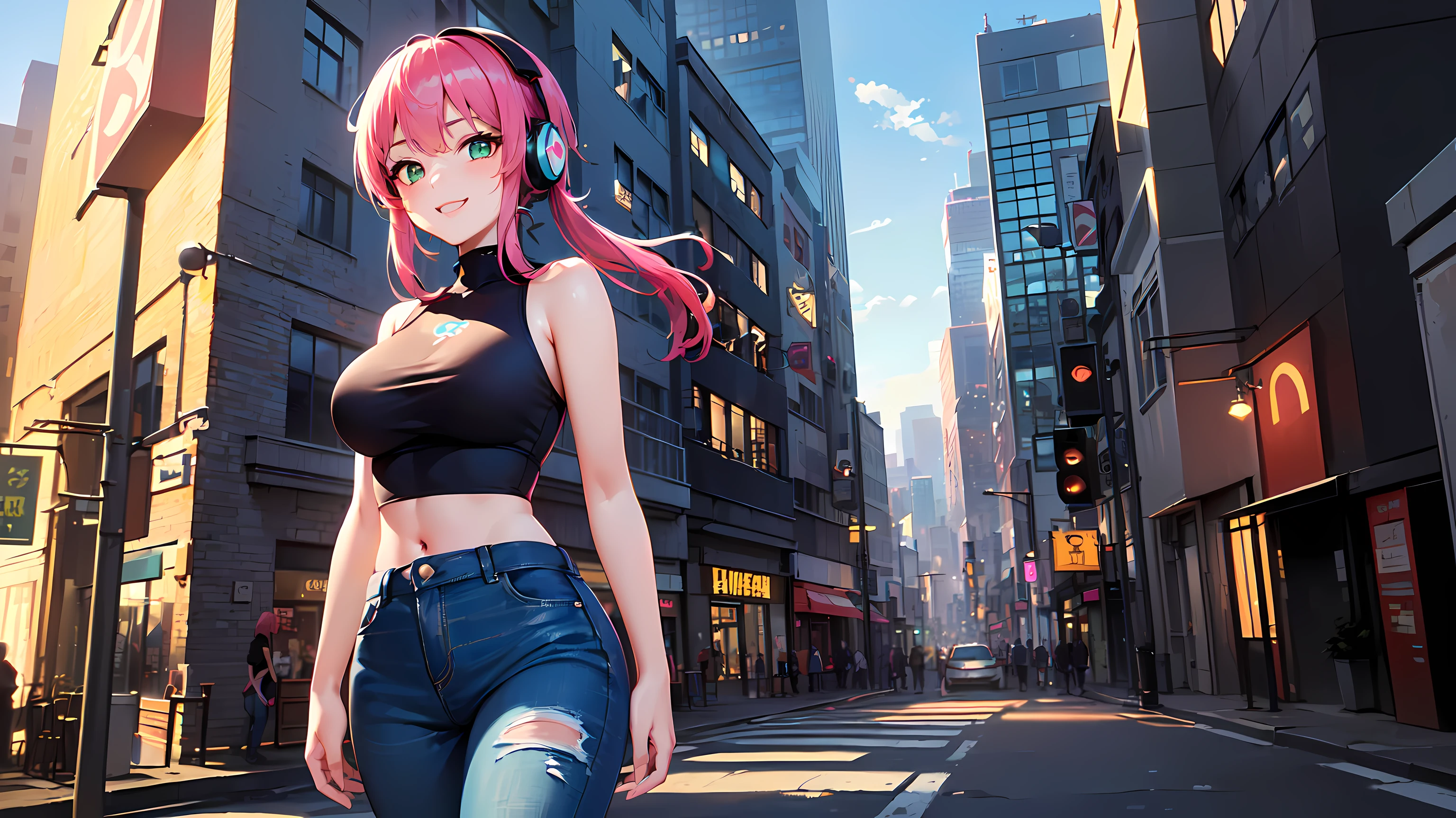 ​hd masterpiece, 1girl, ecchi girl ((20year old, dressed in a tight black crop top, tight blue jeans, sneakers, medium breasts:1.2, multicolor pink hair, twin ponytails, perfect model body:1.4, detailed green eyes:1.6, flirting, happy, big smile, wearing headphones, inspired by Yuumei, looking up, walking down a busy city street during evening time:1.2, cowboy shot:1.3, tall buildings in the background:1.3, fun and exciting atmosphere:1.2)) ((solo:1.8)) ((evening time))