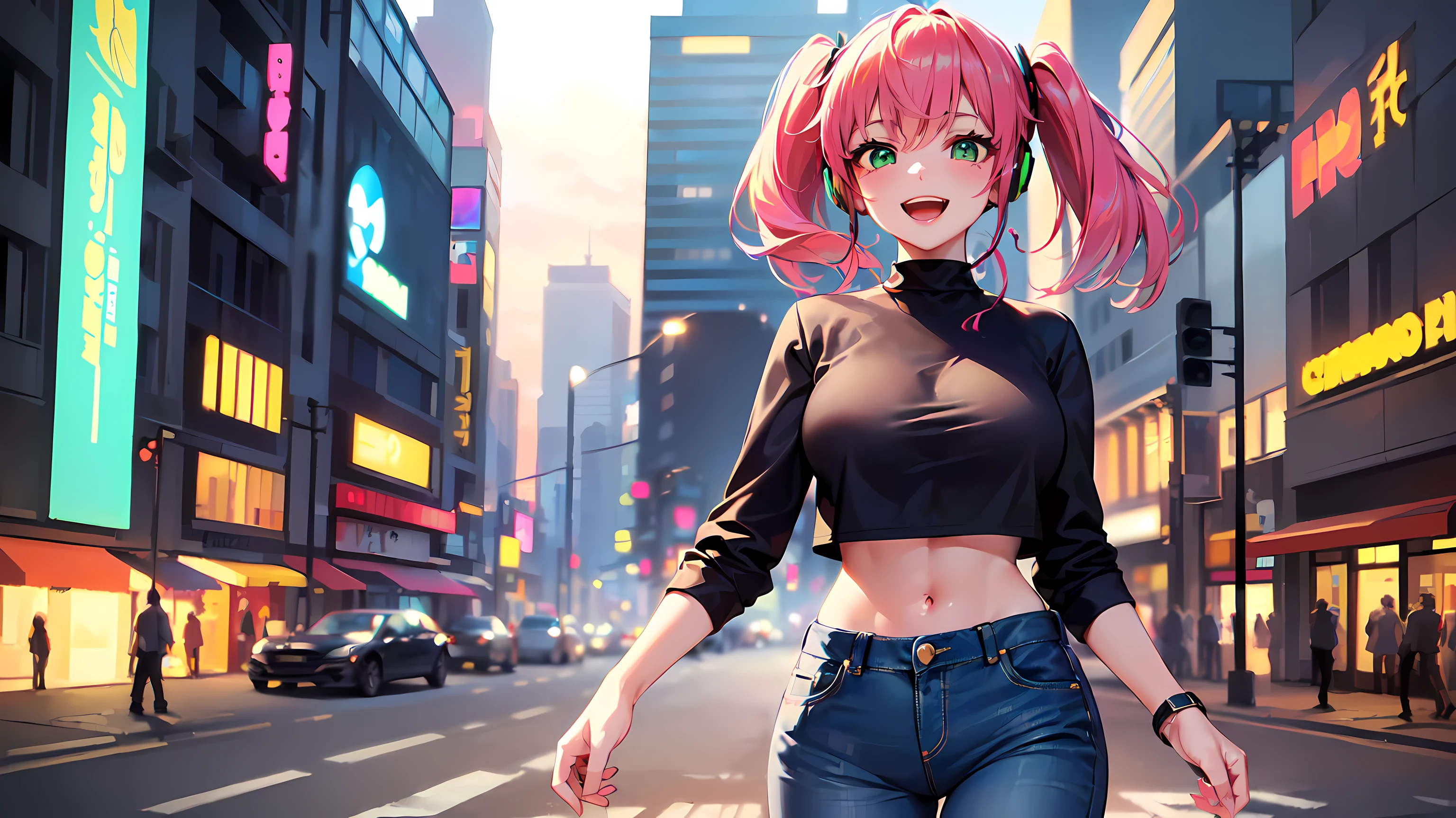 hd masterpiece, 1girl, ????? girl ((20year old, dressed in a tight black crop top, tight blue jeans, sneakers, medium breasts:1.2, multicolor pink hair, twin ponytails, perfect model body:1.4, detailed green eyes:1.6, flirting, happy, big smile, wearing headphones, inspired by Yuumei, looking up, walking down a busy city street during evening time:1.2, cowboy shot:1.3, tall buildings in the background:1.3, fun and exciting atmosphere:1.2)) ((solo:1.8)) ((evening time))