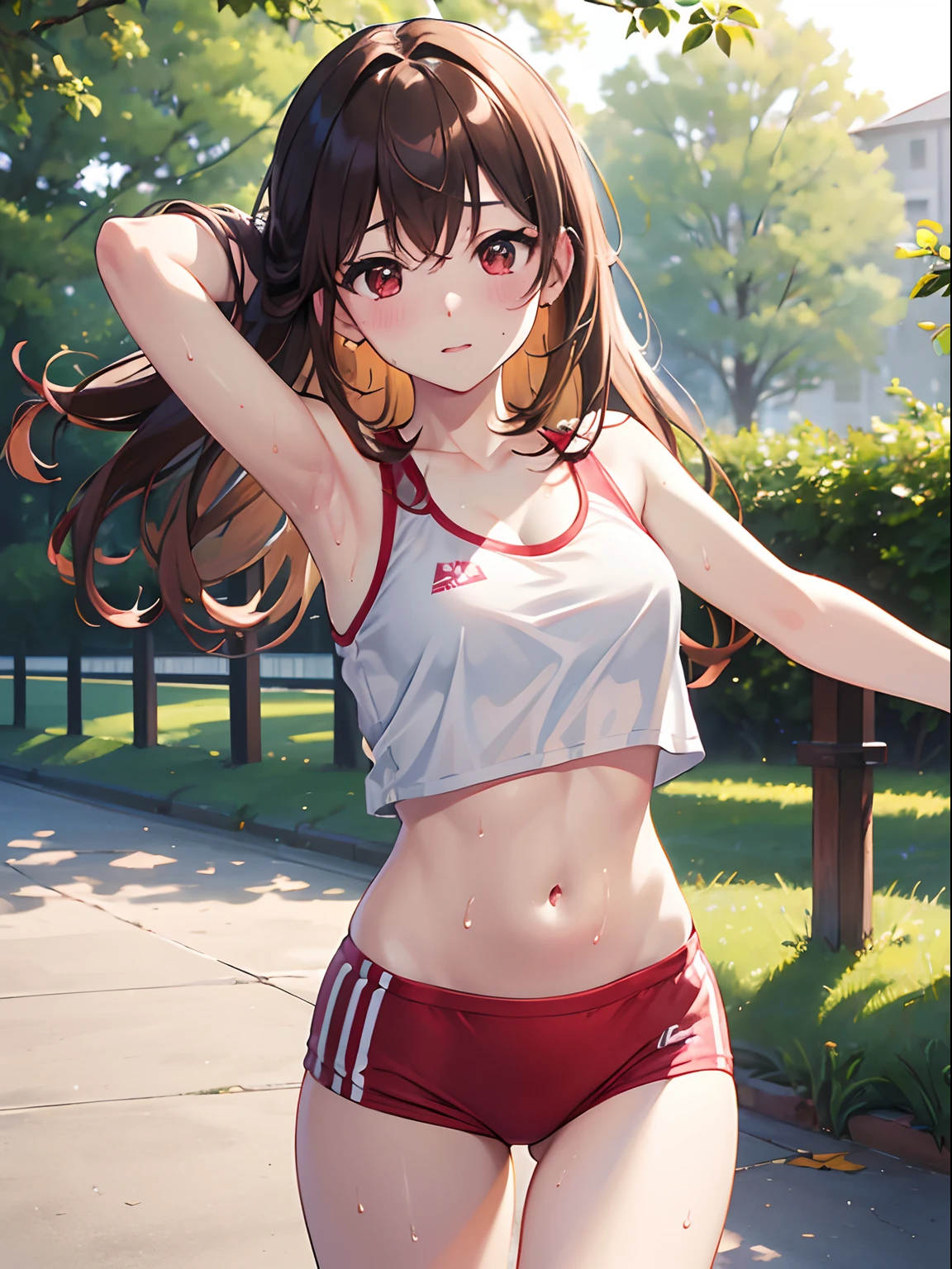 ((4K, master piece, Best Quality)), 1girl in, Light brown SHRT hair, Red Eyes, center parted hair, medium breasts, Cute, blush, running, white sports bra, morning, park, sweat