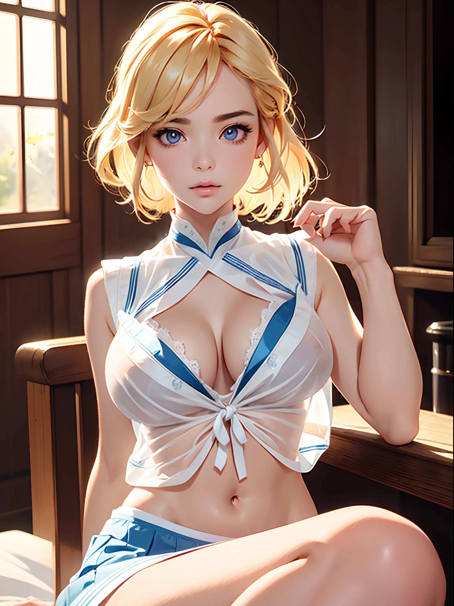 masterpiece, best quality, high quality, High definition, High quality texture, High quality shadow, high detail, beautiful detailed, finely detailed, extremely detailed cg, detailed texture, a realistic representation of the face, realistic, colorful, delicate, Cinematic Light, Ray tracing, sharp focus, (intricate details, makeup, PureErosFace_V1:0.5), (detailed beautiful delicate face, detailed beautiful delicate eyes, a face of perfect proportion, high detailed skin, detailed skin, best ratio four finger and one thumb, (((toppless))), (large breasts), (((cleavage))), ((Smooth texture, Realistic texture, Photorealistic)), Detailed beautiful eyes, Beautiful eyelashes, emerald eyes, Blonde medium hair 1 woman, at bedroom, (((sheer white sailor shirt, Sleeveless, Open front))), (((Navel ))), (((Sheer Micro Mini Skirt))), (Beautiful face, Cute face, Detailed face), (sitting), (((Sunny))), Perfect Eyes Eyes