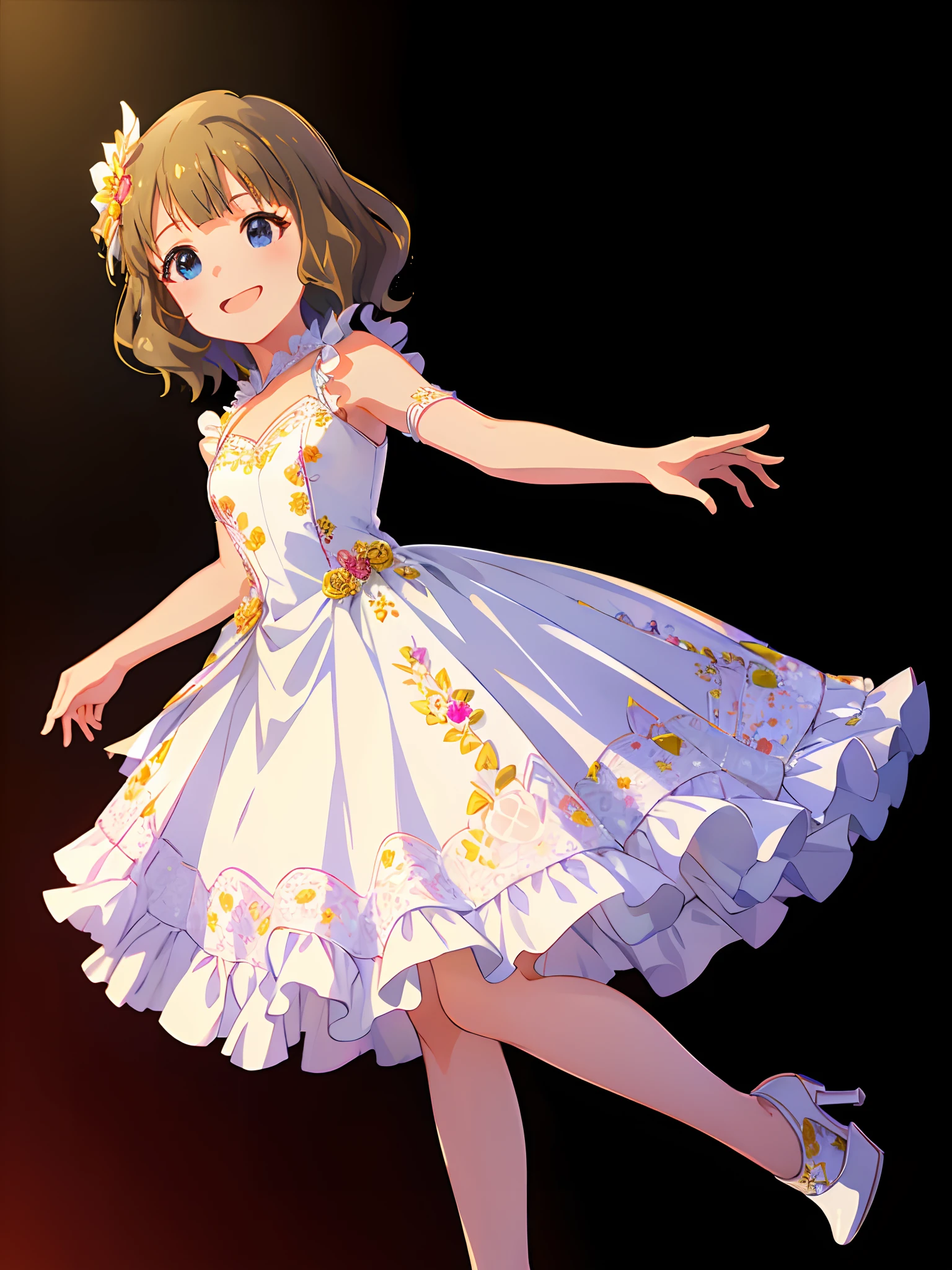 momoko suou (million live), best quality, masterpiece, high resolution, 8k, ultra-detailed, detailed face, smile, (((A line dress, white dress, floral dress, pumps,)))