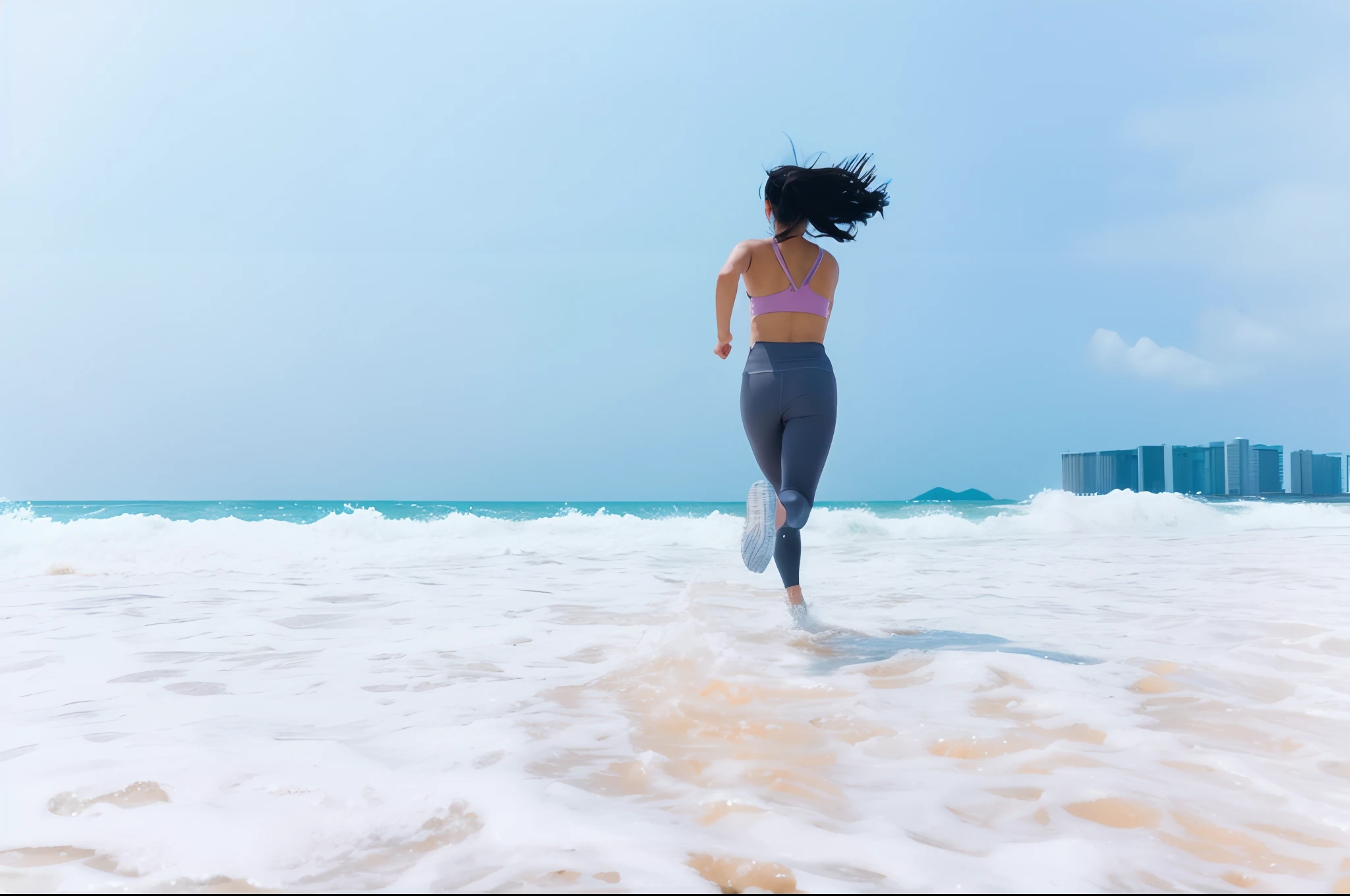 There was a woman running in the water on the beach, Correr libremente, girl is running, girl running, 🤬 🤮 💕 🎀, on the ocean water, cottagecore!! fitness body, On a sunny day, coming out of the ocean, Woman on the beach, Sweat, On the ocean, in a beachfront environment, Near the beach