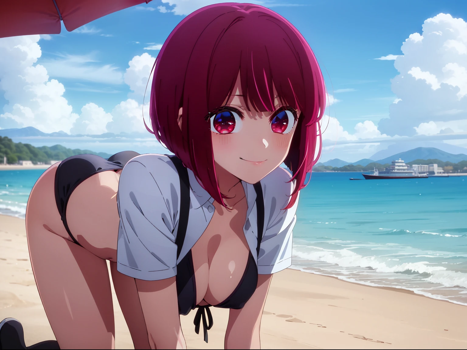 ​masterpiece、ighly detailed、(1 girl in:1.2)、Red hair、Learn uniforms、big eye、a closeup、A smile、8K、short-hair、(((anime styled)))、Shining eyes, bikini, small boobs, beach, wind, ( on all fours)