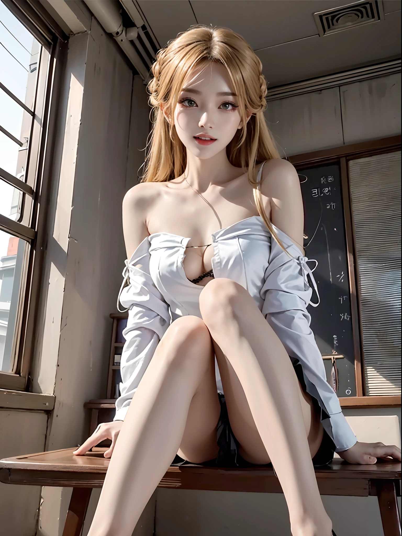 ((from below)), ((knee shot)) Korean school uniform，White color blouse, cropped shoulders, a black pleated skirt, Bright blonde hair，inside a classroom, Sit Pose, sitting on the classroom desk, Cross ed leg, posing elegantly, 8K original photos，A high resolution，20-year-old Korean model，beautiful eyes in detail，long eyelasher，beautiful double eyelid，eye shadows，eyes liner，Elongated eyes，Elongated eyes，Elongated eye shape， Sanbai's eyes，evil grin smile，Evil expression，Beautiful very thin legs，slender leg，Random medium hair，Hair tied behind the head，耳Nipple Ring, light make-up, ((warm lights, a warm color palette))