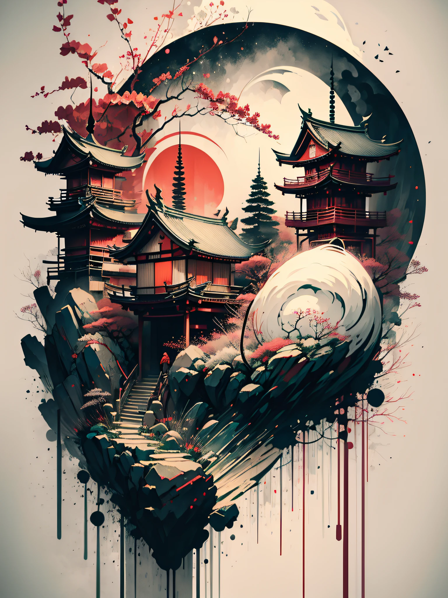 shingoku period ninja with neon red eyes and dressed in black, made by Aase Berg, black and white, high contrast color details, anime style, Japanese theme, hyper-detailed, ultra quality, 4k, intricate, chiaroscuro Lighting.
