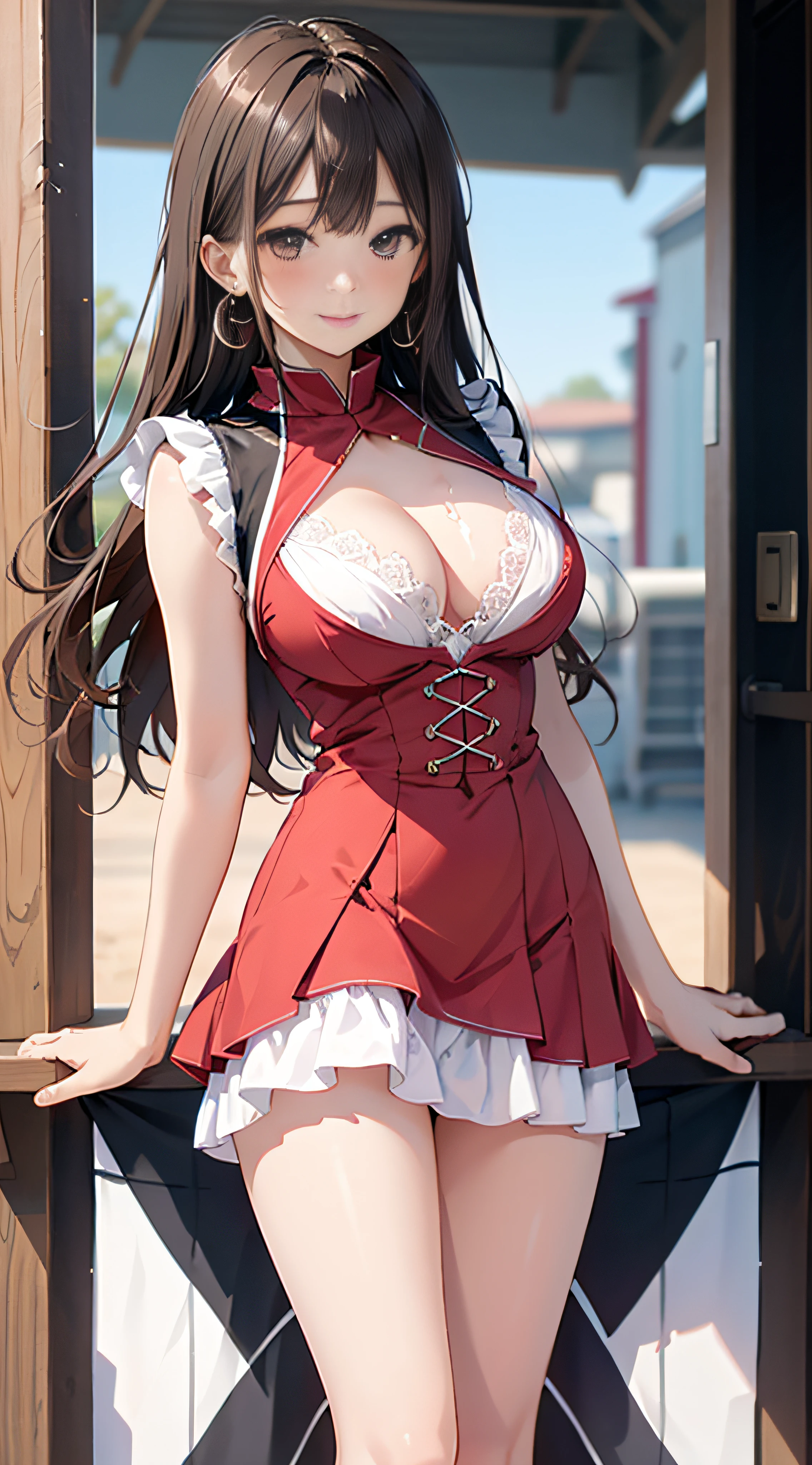 20-year-old woman in bright red and white dress, Colossal tits, large full breasts、biomechanical oppai, in dress, oppai proportions, Ecchi, Ecchi anime style,((top-quality)), ((masterpiece)), Shy smile, Pitch Resuit, Puffy nipple, Shy laughter、Kamimei, knee high stockings, Adult Woman, (cum in vaginas:1.3), cum in mouth, (Overflowing G-string:1.5), Long Wave Hair、dark brown hair, a miniskirt,Race Queen, (shiny skins), Brown-eyed, Kamimei、Long Wave Hair、soft boob、Stockings、up skirt、sexy hips、Large earrings、a necklace、Girl costume printed with sponsor's logo, (Stand in a motorsport race)+, sexy hips、Kamimei、Chest opening、Chest Emphasis Pose、Pink lace panties、lace bra