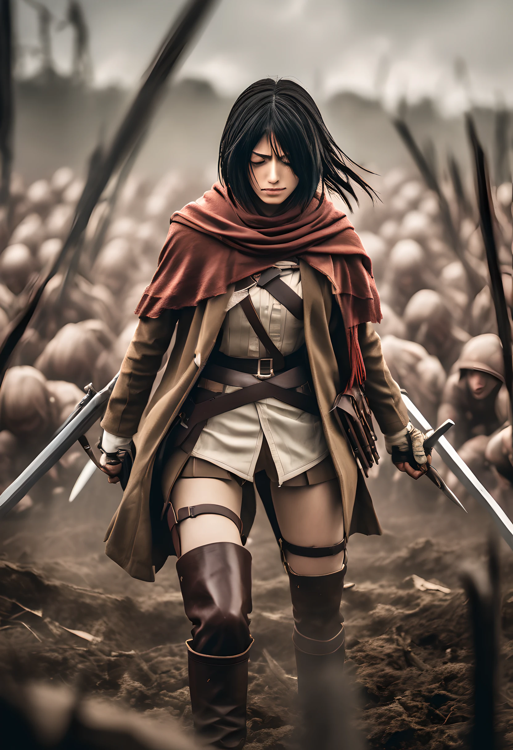 Photography capturing Mikasa, a resilient warrior from "Attack on Titan," standing triumphantly amidst a field of fallen Titans. She is clad in her signature tight-fitting combat outfit, her expression a mix of determination and exhaustion. The photograph is captured from a low angle, emphasizing Mikasa's strength and the colossal size of the defeated Titans. The lighting is muted, with a somber tone that highlights the aftermath of the battle. This powerful image showcases Mikasa's unwavering resolve and the formidable enemies she has overcome