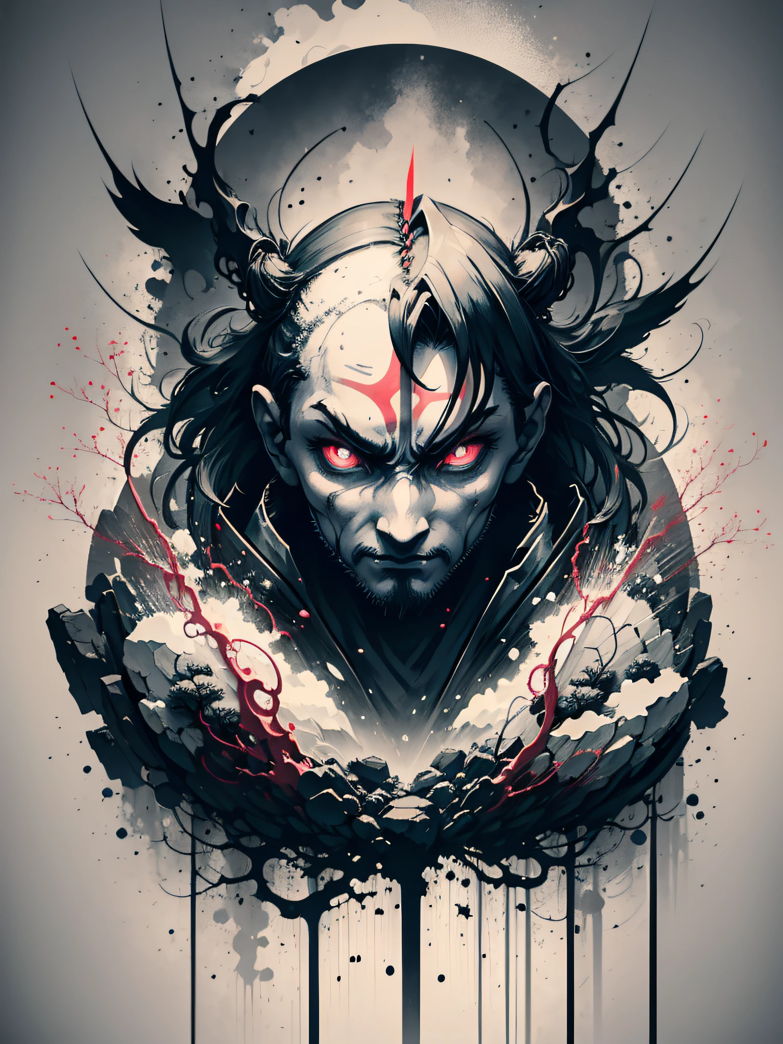 masterpiece of a shingoku era ninja with neon eyes and dressed in black, made by Aase Berg, black and white, high contrast color details, anime style, Japanese theme, hyper-detailed, ultra quality, 4k, intricate, chiaroscuro lighting.