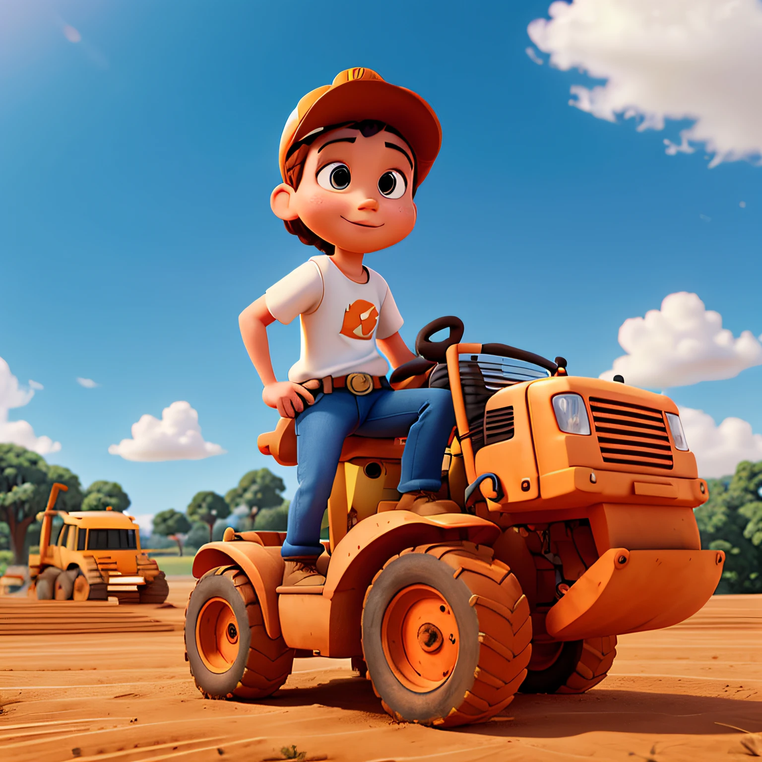 Disney pixar style 3D character in white and orange shirt using a backhoe in a field