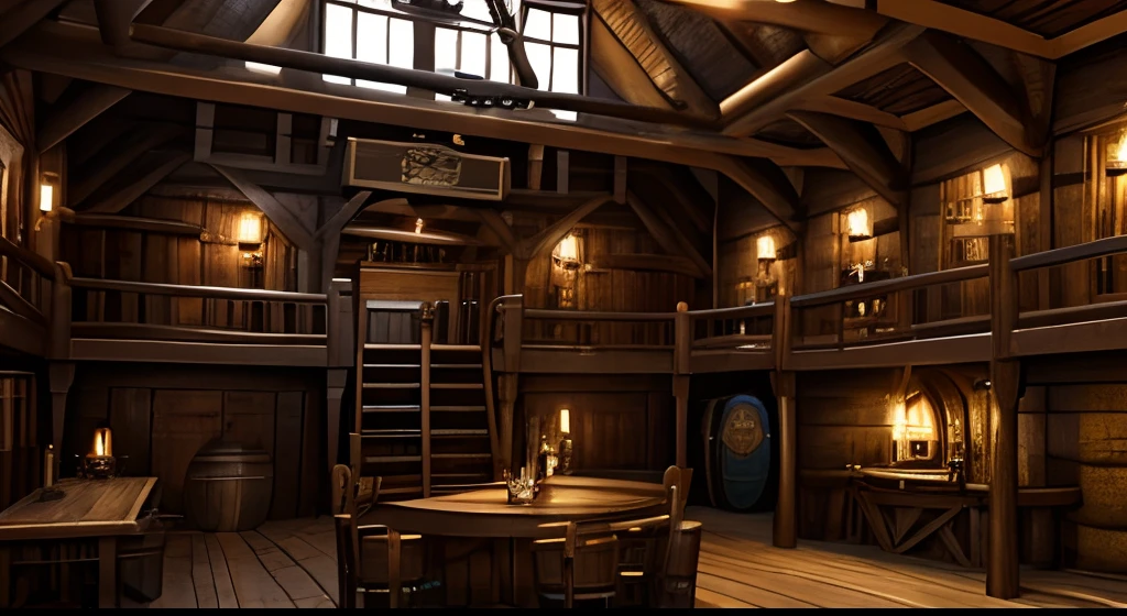 Pirate inn scene, inside, with a large barrel on top of the roof