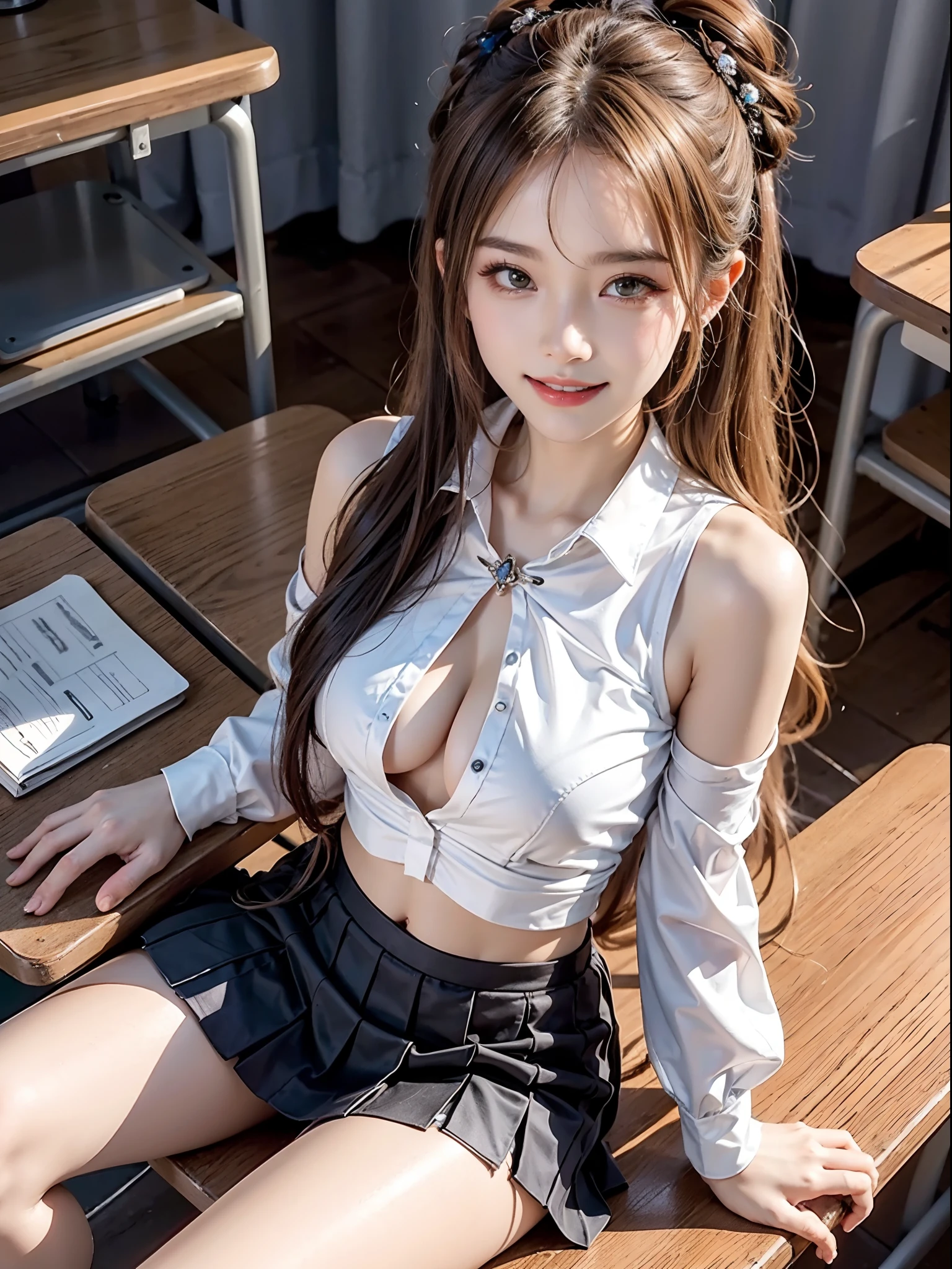 ((knee shot)), ((from above)), Korean school uniform,White color blouse, cropped shoulders, a black pleated skirt, Bright blonde hair,inside a classroom, Sit Pose, sitting on the classroom desk, Cross ed leg, posing elegantly, 8K original photos,A high resolution,20-year-old Korean model,beautiful eyes in detail,long eyelasher,beautiful double eyelid,eye shadows,eyes liner,Elongated eyes,Elongated eyes,Elongated eye shape, Sanbai's eyes,evil grin smile,Evil expression,Beautiful very thin legs,slender leg,Random medium hair,Hair tied behind the head,耳Nipple Ring, light make-up, ((warm lights, a warm color palette))