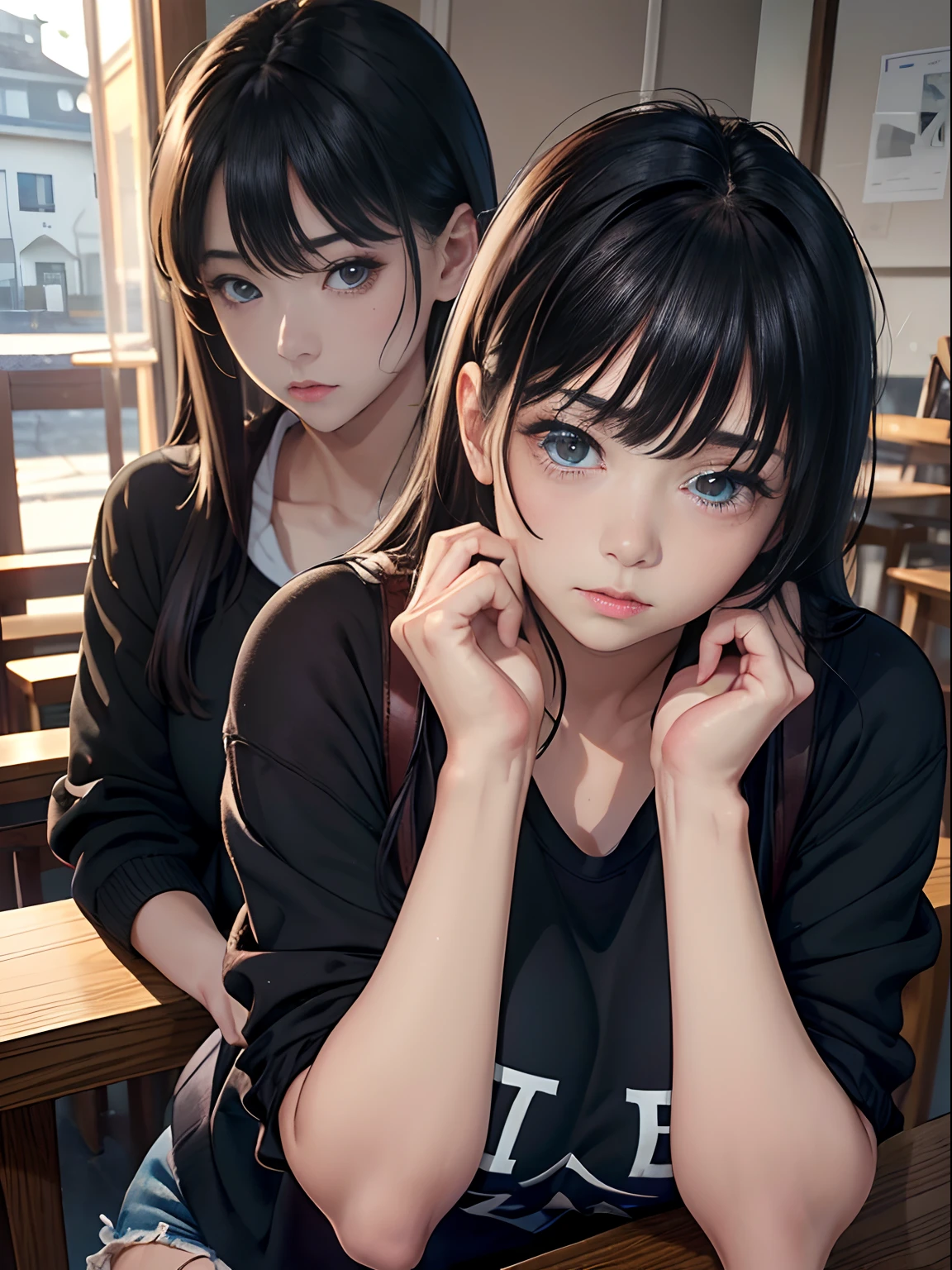 A teenage girl、(masterpiece:1.4)、(in 8K、realisitic、Raw photo、top-quality:1.4)、(Real Face:1.4)、(real looking skin:1.3)、超A high resolution、A hyper-realistic、Eyes in Beautiful Details、A dark-haired、Black eyes、short-hair、耳环、Dark blue sweater、tight skirts、(huge-breasted:1.5)、gargantilha、Blushing、alluring face、troubled look、cafes、natta、coffee、to stand