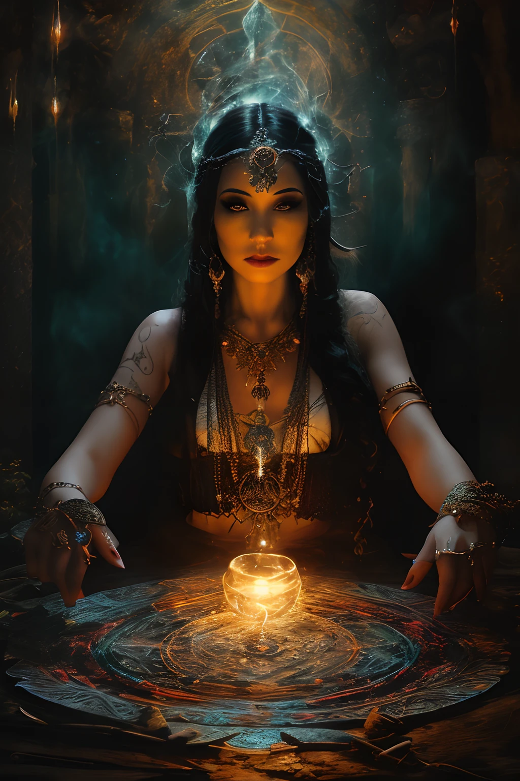 Generate a hyper-realistic AI artwork that portrays a skilled witch engaged in both mystical practices and alchemical endeavors. The witch should be the central focus, depicted with remarkable detail in her attire, expressions, and intricate gestures. Surround her with the tools and elements of alchemy, such as ancient texts, flasks, and ingredients. Capture the essence of her magical and alchemical craft, with vibrant colors and ethereal effects. The lighting should enhance the enchanting atmosphere, emphasizing the intricate details of her magical and alchemical workings. Please ensure that the artwork conveys the sense of wonder, power, and ancient wisdom as the witch combines her mystical and alchemical talents in a hyper-realistic style.