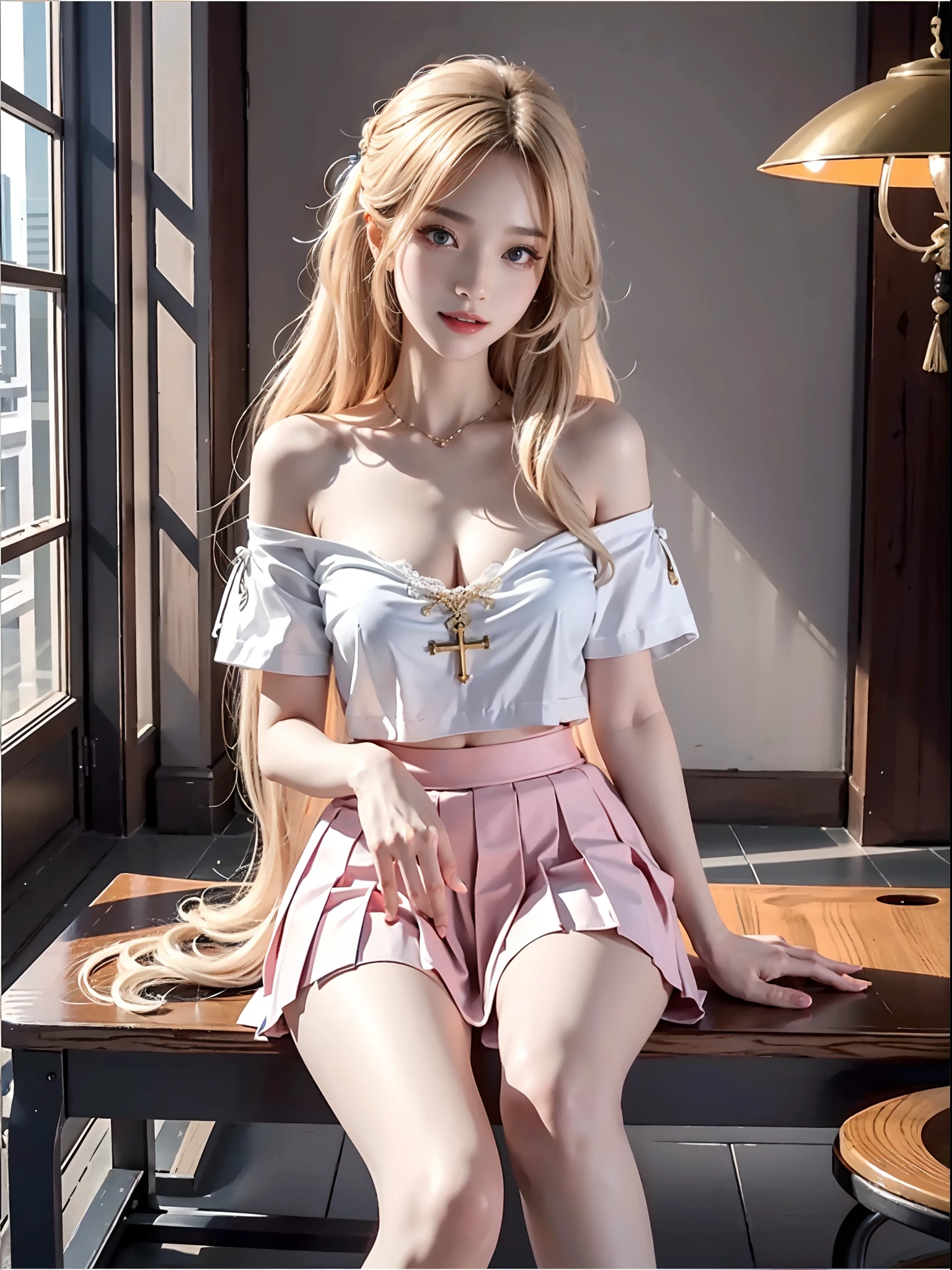 ((full body)), ((Shooting from a frontal perspective)), Korean school uniform, White color blouse, cropped shoulders, Pink pleated skirt, Bright blonde hair，inside a classroom, Sit Pose, sitting on the classroom desk, Cross ed leg, posing elegantly, 8K original photos，A high resolution，20-year-old Korean model，beautiful eyes in detail，long eyelasher，beautiful double eyelid，eye shadows，eyes liner，Elongated eyes，Elongated eyes，Elongated eye shape， Sanbai's eyes，evil grin smile，Evil expression，Beautiful very thin legs，slender leg，Random medium hair，Hair tied behind the head，耳Nipple Ring, light make-up, ((warm lights, a warm color palette))