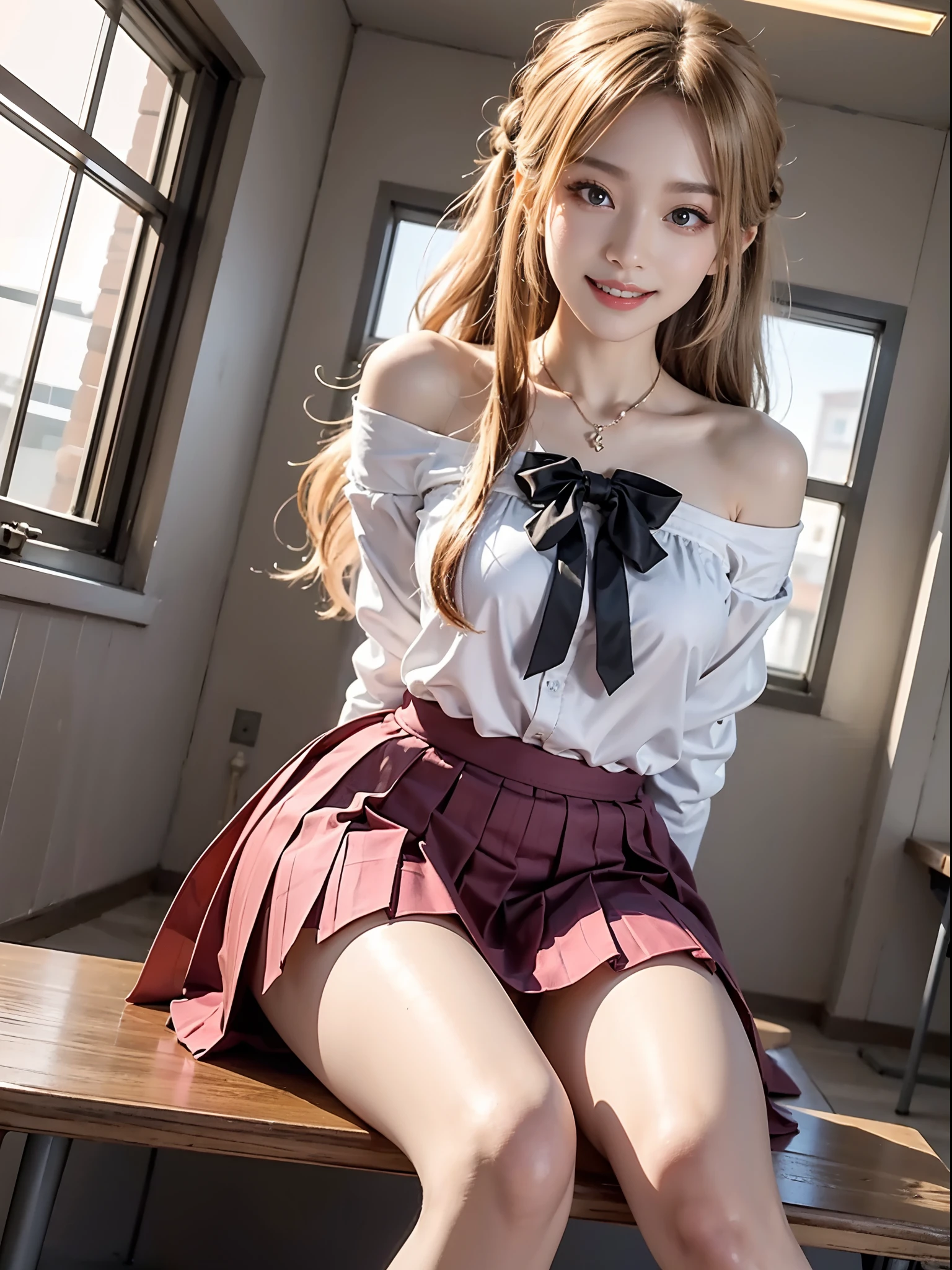 ((full body)), ((Shooting from a frontal perspective)), Korean school uniform, White color blouse, cropped shoulders, Pink pleated skirt, Bright blonde hair,inside a classroom, Sit Pose, sitting on the classroom desk, Cross ed leg, posing elegantly, 8K original photos,A high resolution,20-year-old Korean model,beautiful eyes in detail,long eyelasher,beautiful double eyelid,eye shadows,eyes liner,Elongated eyes,Elongated eyes,Elongated eye shape, Sanbai's eyes,evil grin smile,Evil expression,Beautiful very thin legs,slender leg,Random medium hair,Hair tied behind the head,耳Nipple Ring, light make-up, ((warm lights, a warm color palette))