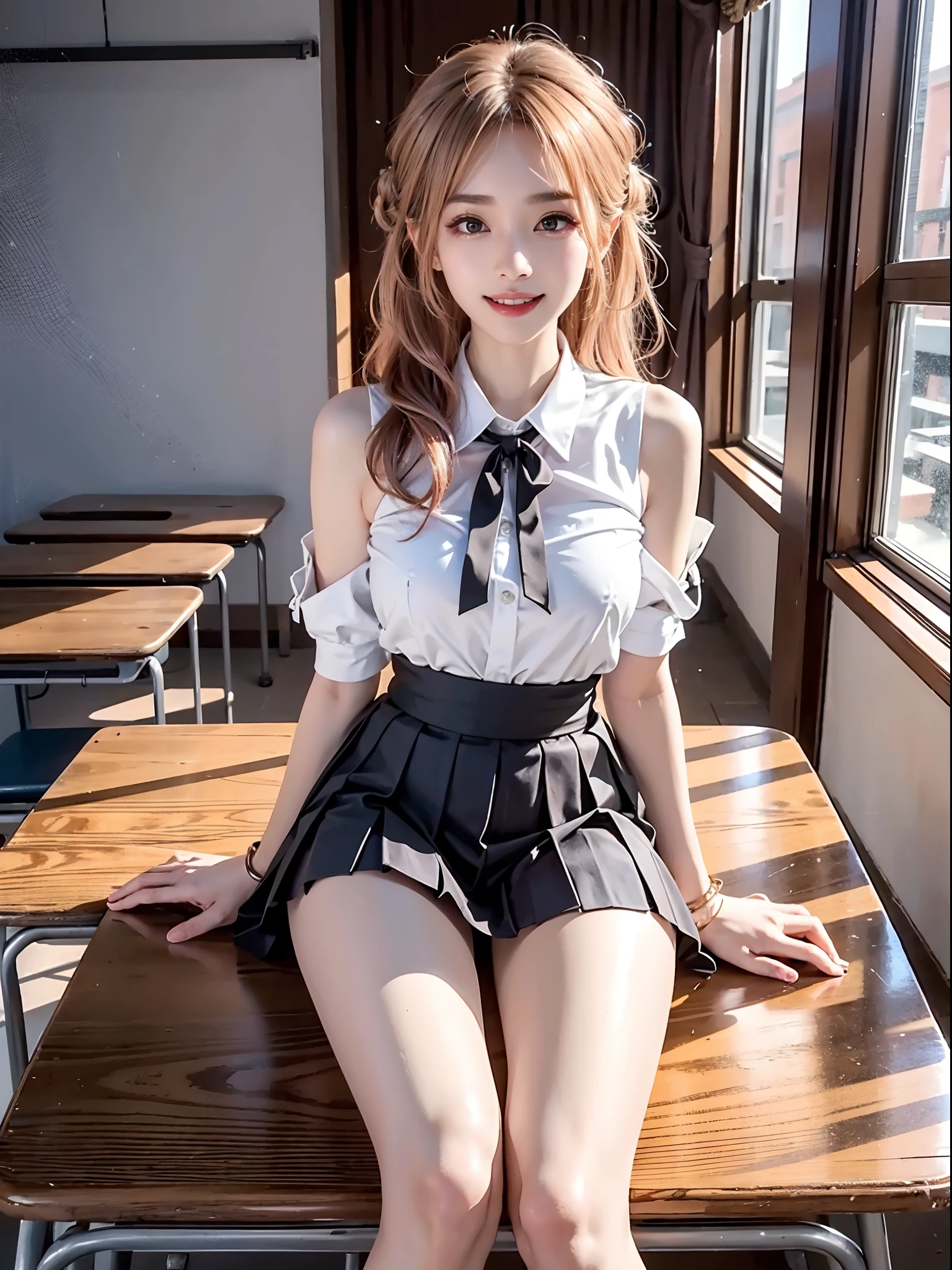 ((full body)), ((Shooting from a frontal perspective)), Korean school uniform, White color blouse, cropped shoulders, Pink pleated skirt, Bright blonde hair，inside a classroom, Sit Pose, sitting on the classroom desk, Cross ed leg, posing elegantly, 8K original photos，A high resolution，20-year-old Korean model，beautiful eyes in detail，long eyelasher，beautiful double eyelid，eye shadows，eyes liner，Elongated eyes，Elongated eyes，Elongated eye shape， Sanbai's eyes，evil grin smile，Evil expression，Beautiful very thin legs，slender leg，Random medium hair，Hair tied behind the head，耳Nipple Ring, light make-up, ((warm lights, a warm color palette))