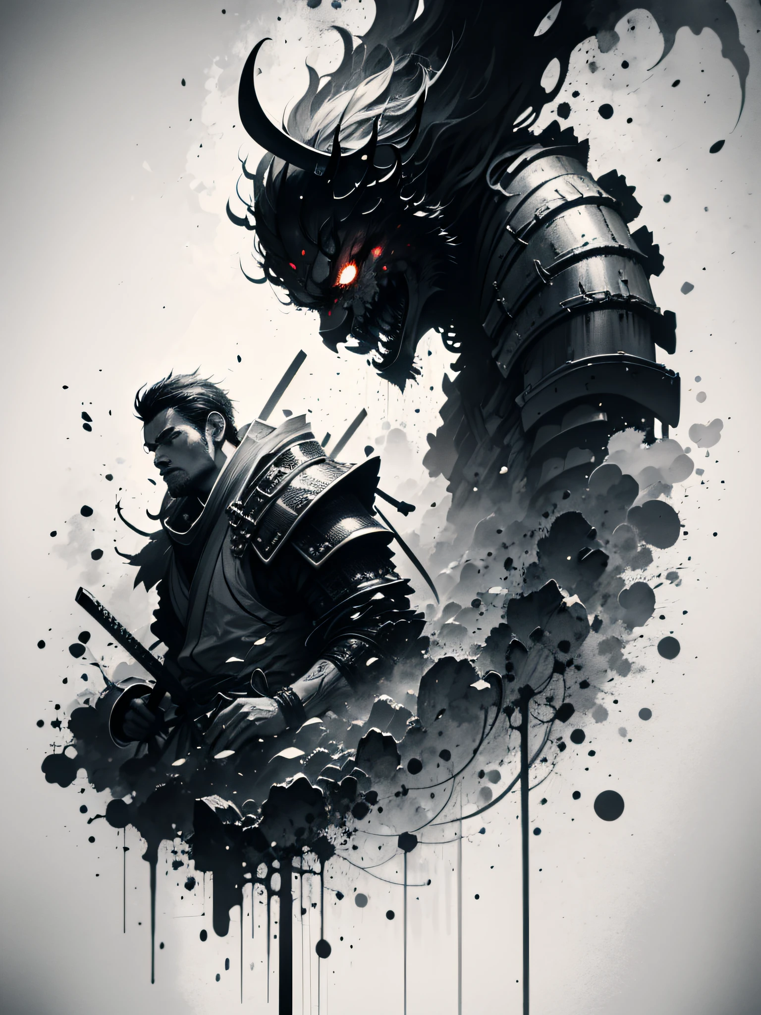 masterpiece of a Samurai on his back with his armor, made by Aase Berg, black and white, high contrast color details, anime style, Japanese theme, hyper-detailed, ultra quality, 4k, intricate, chiaroscuro lighting, white background with ink splotches.