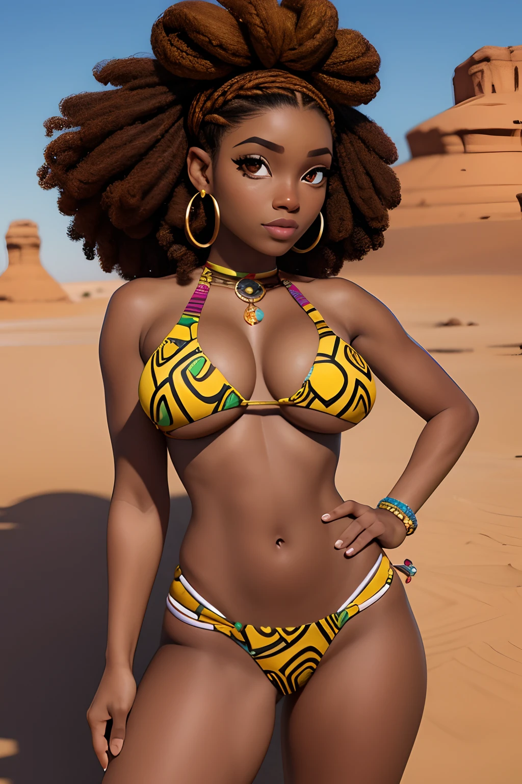 mulher + africana + latina + pele escura + corpo inteiro + totalmente nua + deserto + African braids + cabelo longo + seio grande + abdome definido + tatuagem no peito + colar afro + coroa de ossos + sem roupa