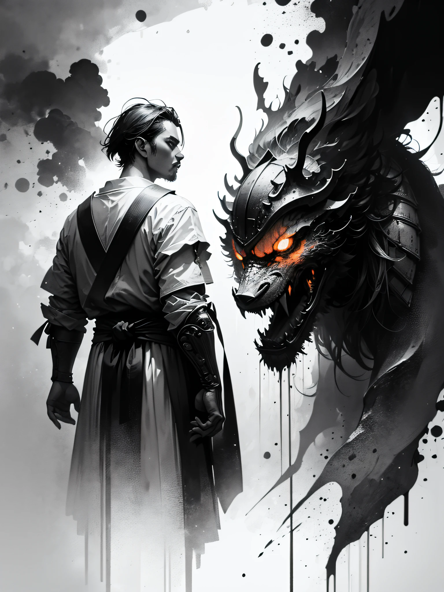 masterpiece of a Samurai on his back with his armor, made by Aase Berg, black and white, high contrast color details, anime style, Japanese theme, hyper-detailed, ultra quality, 4k, intricate, chiaroscuro lighting, white background with ink splotches.