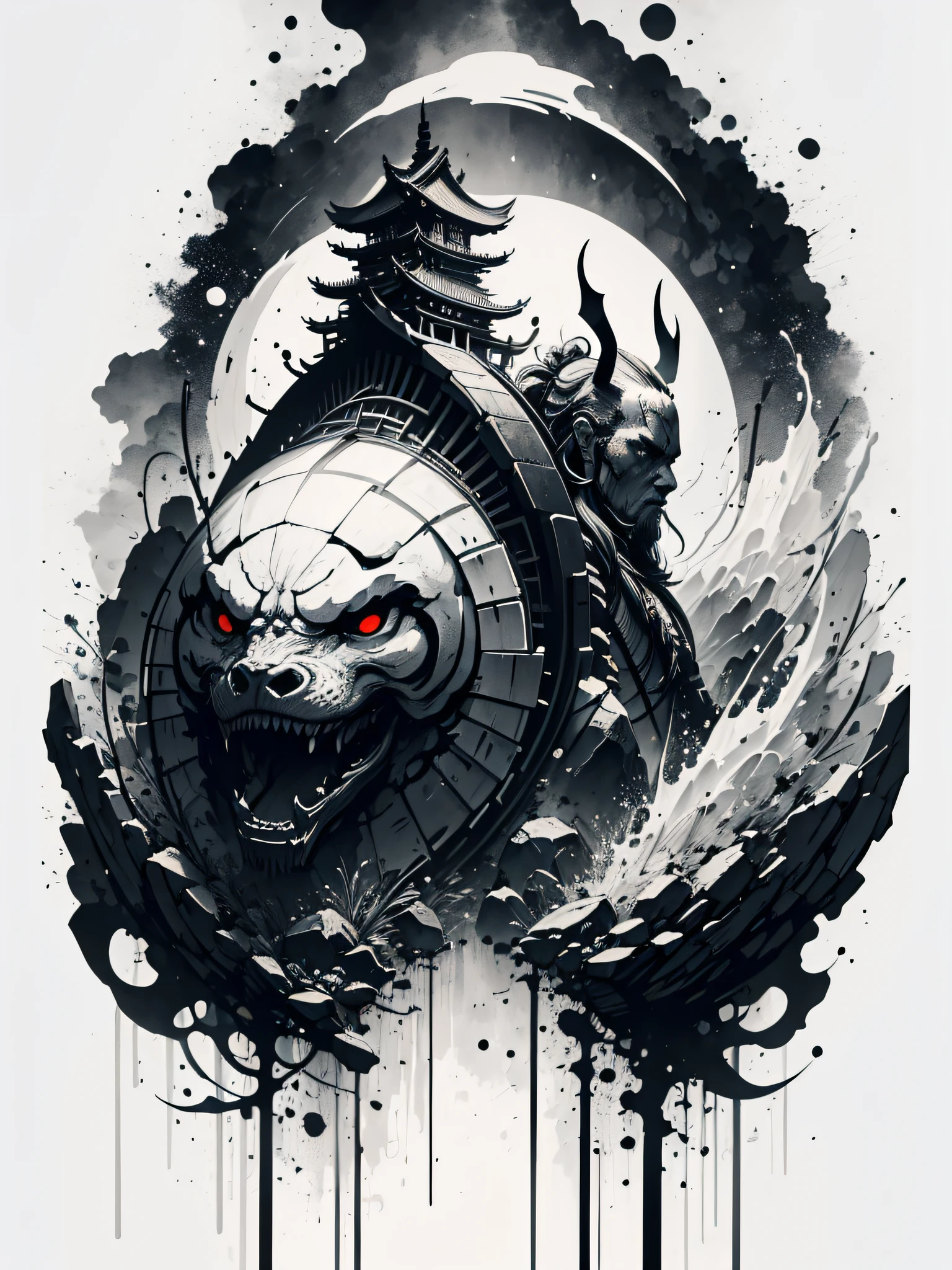 masterpiece of a Samurai on his back with his armor, made by Aase Berg, black and white, high contrast color details, anime style, Japanese theme, hyper-detailed, ultra quality, 4k, intricate, chiaroscuro lighting, white background with ink splotches.