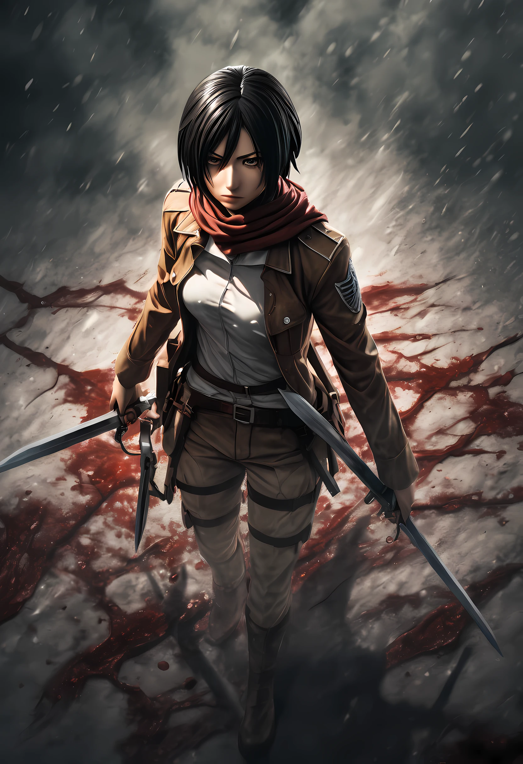 Photography of Mikasa, a brave fighter from "Attack on Titan," standing atop a decapitated Titan's head. With her blades still dripping with Titan blood, Mikasa exudes a mixture of weariness and triumph. The photograph is captured from a high angle, showcasing the vastness of the battlefield and the towering presence of the fallen Titan. The lighting is stark, casting dramatic shadows that add depth to the scene. This striking image captures the juxtaposition of vulnerability and strength, symbolizing Mikasa's unwavering determination to protect her loved ones