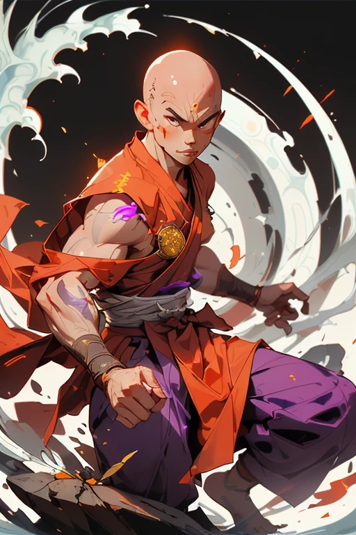 Handsome Shaolin monk、(((1 juvenile,bald-headed,buddhist monk,full bodyesbian,tear-mole:))),full bodyesbian,Chinese Kung Fu,Sharp eyes,Clear facial features,dressed white hanfu,The body is surrounded by purple mist,Runes surround you,Martial arts action,Holographic reality,holographic halo,dynamic blur,Game lighting effects,rim-light,Soft light,cinematic rim light,The light is delicate