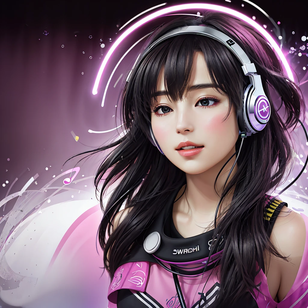 A female with headphones on immersed in music, surrounded by musical note symbols, swirling colors and abstract shapes that represent the emotional impact of sound, bright, sharp focus, contrast, double exposure