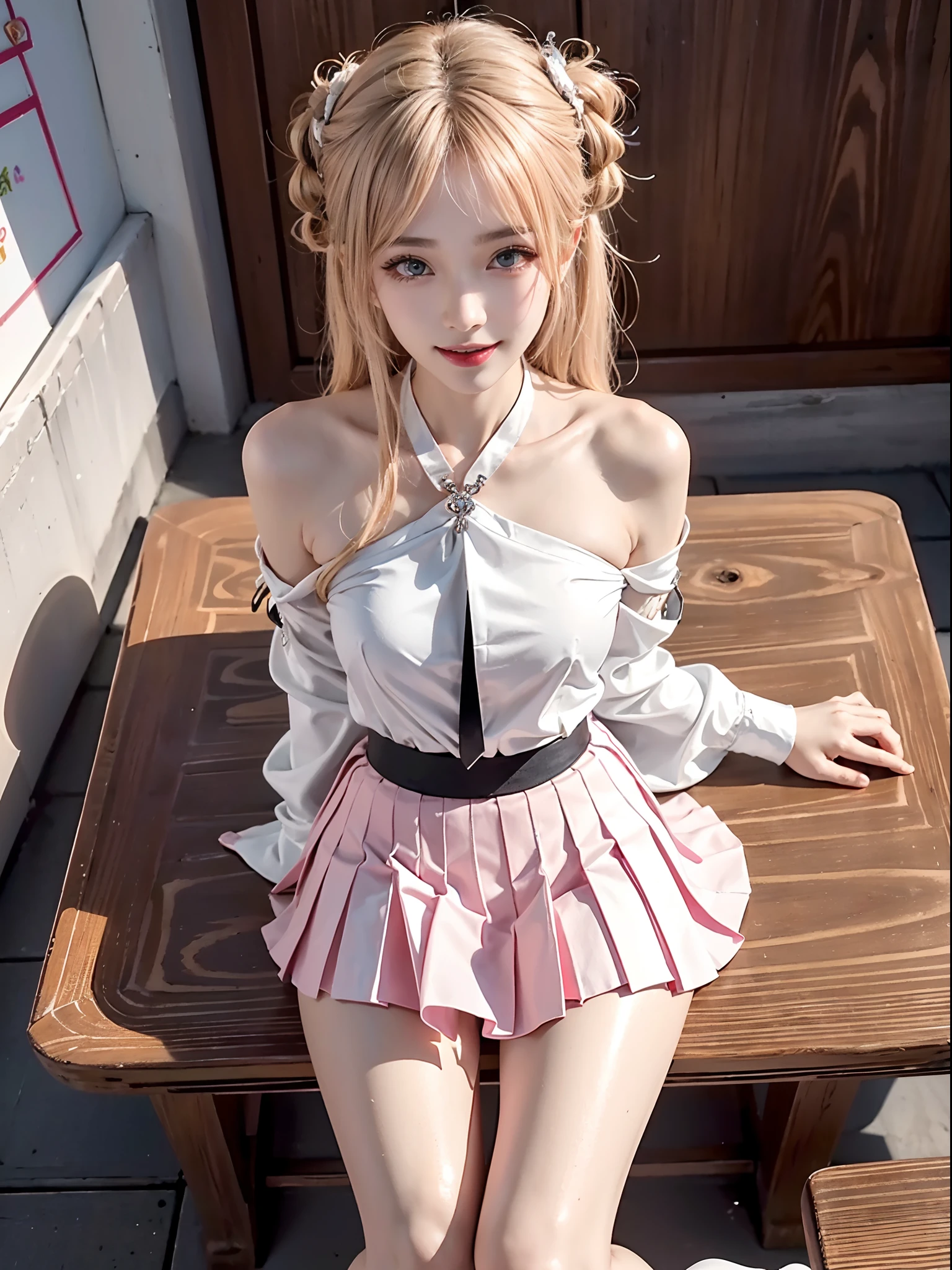 ((full body)), ((from above)), Korean school uniform, White color blouse, cropped shoulders, Pink pleated skirt, Bright blonde hair,inside a classroom, Sit Pose, sitting on the classroom desk, Cross ed leg, posing elegantly, 8K original photos,A high resolution,20-year-old Korean model,beautiful eyes in detail,long eyelasher,beautiful double eyelid,eye shadows,eyes liner,Elongated eyes,Elongated eyes,Elongated eye shape, Sanbai's eyes,evil grin smile,Evil expression,Beautiful very thin legs,slender leg,Random medium hair,Hair tied behind the head,耳Nipple Ring, light make-up, ((warm lights, a warm color palette))