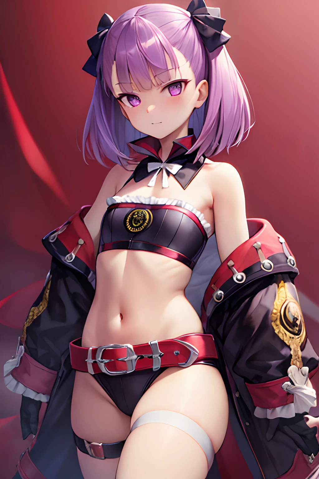 Best Quality, masutepiece,Standing， Ultra-high resolution face，hight resolution, Solo, Helena_Blavatsky_nffsw:1.15, Purple eyes，purple color  hair，loli body，flat chest，Stomach out，Exposed thighs，Shoulder out，Raw feet，Narrow Belt Bandeutope，String Breadbottom，