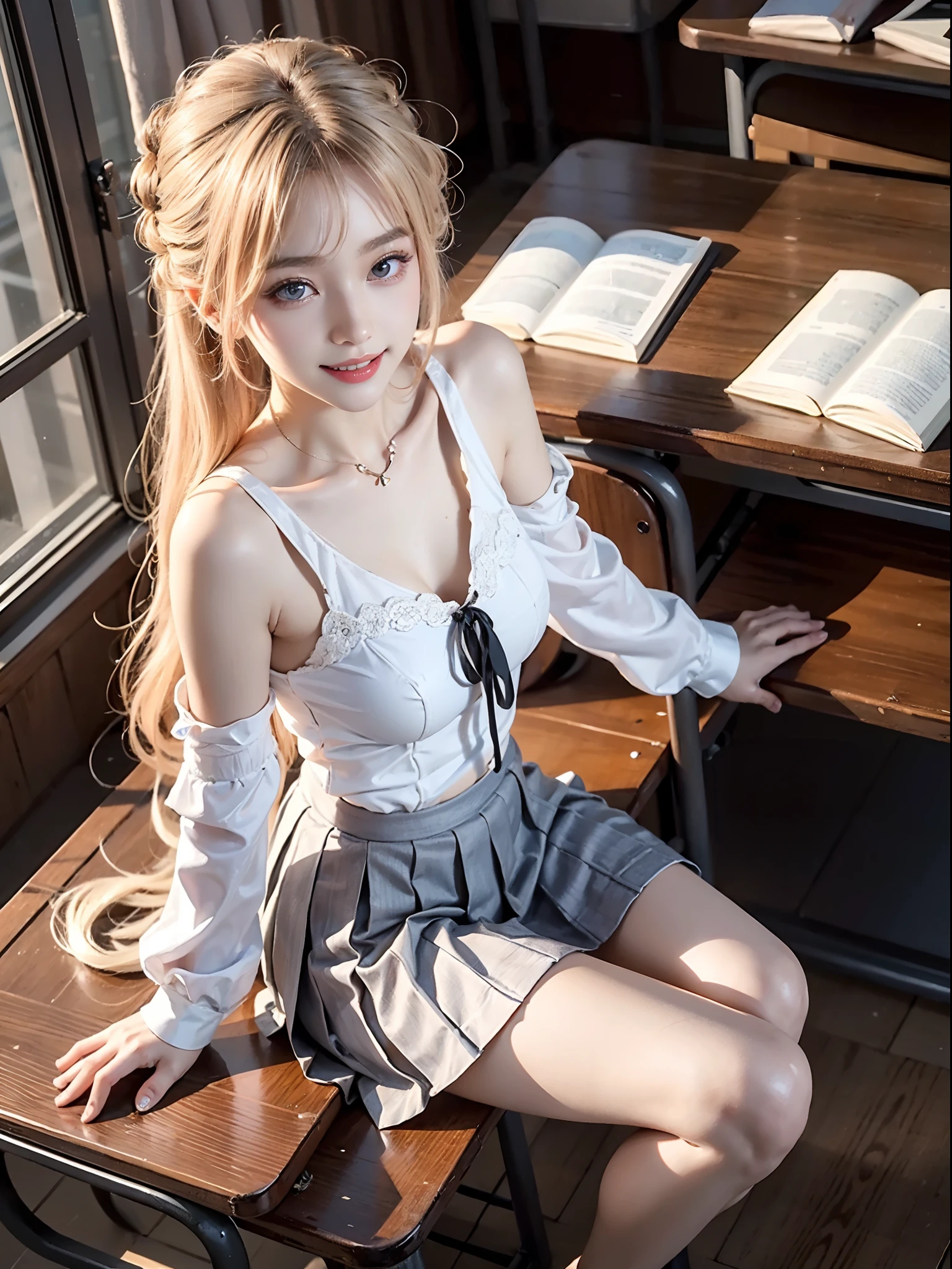 ((full body)), ((from above)), Korean school uniform, White color blouse, cropped shoulders, Pink pleated skirt, Bright blonde hair，inside a classroom, Sit Pose, sitting on the classroom desk, Cross ed leg, posing elegantly, 8K original photos，A high resolution，20-year-old Korean model，beautiful eyes in detail，long eyelasher，beautiful double eyelid，eye shadows，eyes liner，Elongated eyes，Elongated eyes，Elongated eye shape， Sanbai's eyes，evil grin smile，Evil expression，Beautiful very thin legs，slender leg，Random medium hair，Hair tied behind the head，耳Nipple Ring, light make-up, ((warm lights, a warm color palette))