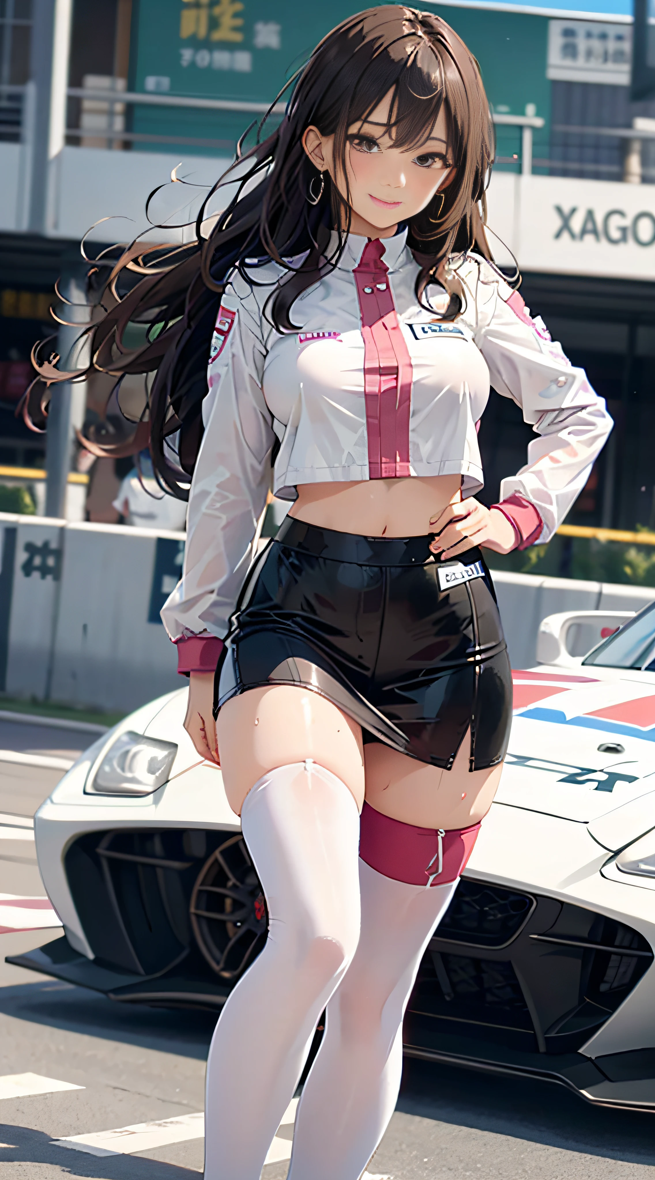 a 20 yo woman、Wet dress、large full breasts、biomechanical oppai, oppai proportions, Shy smile、 knee high stockings, Adult Woman, (cum in vaginas:1.3), Long Wave Hair、dark brown hair, a miniskirt, (shiny skins), Brown-eyed, Kamimei、Long Wave Hair、puffies、Stockings、up skirt、Puffy hips、Large earrings、a necklace、 (Stand in a motorsport race)+, sexy hips、Kamimei、Chest opening、Chest Emphasis Pose、Pink panty、bra with pink lace