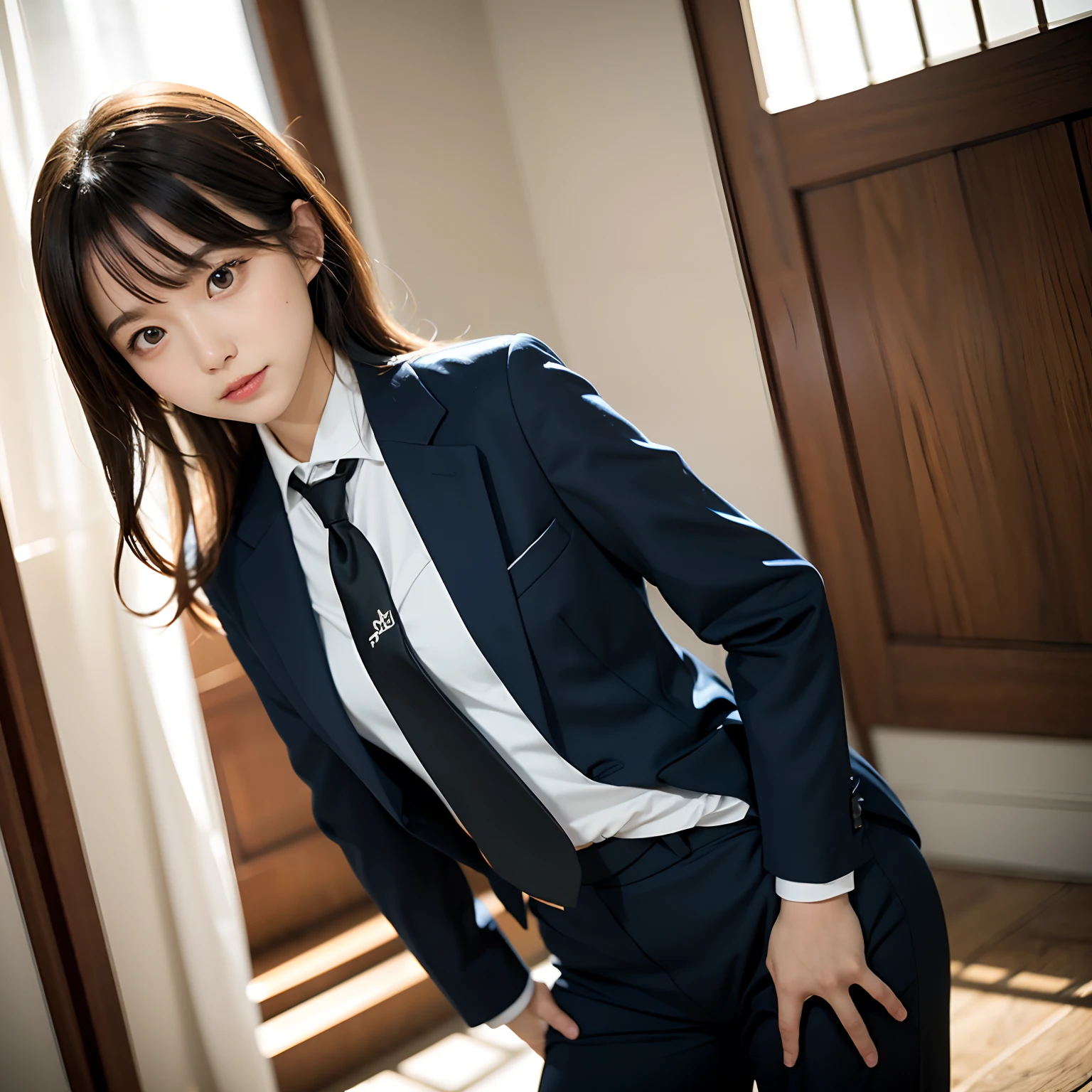 (masutepiece, Best Quality:1.2), 8K, Official art, Full body photo, full body Esbian、Emma fastening her tie.Back angle、turned around、cute butt、Suits、A dark-haired、years、small tits、A delightful、A smile、unbelievable Ridiculous, (Upper body, Dark blue suit:Cute Tie 1.4), Beautiful Girl, Pretty Face, arching back down, cute butt、Gold hair ornament on hair、Wearing a cute suit、close up, Wearing a suit, Short sleeve, gardenia, violaceaess, Teen, Street, Looking at Viewer, Film grain, chromatic abberation, Sharp Focus, face lights, Dynamic lighting, Cinematic lighting, Eyes and faces with detailed, Bokeh background, (Tie with Emma written on it、1 copy:1.2)
