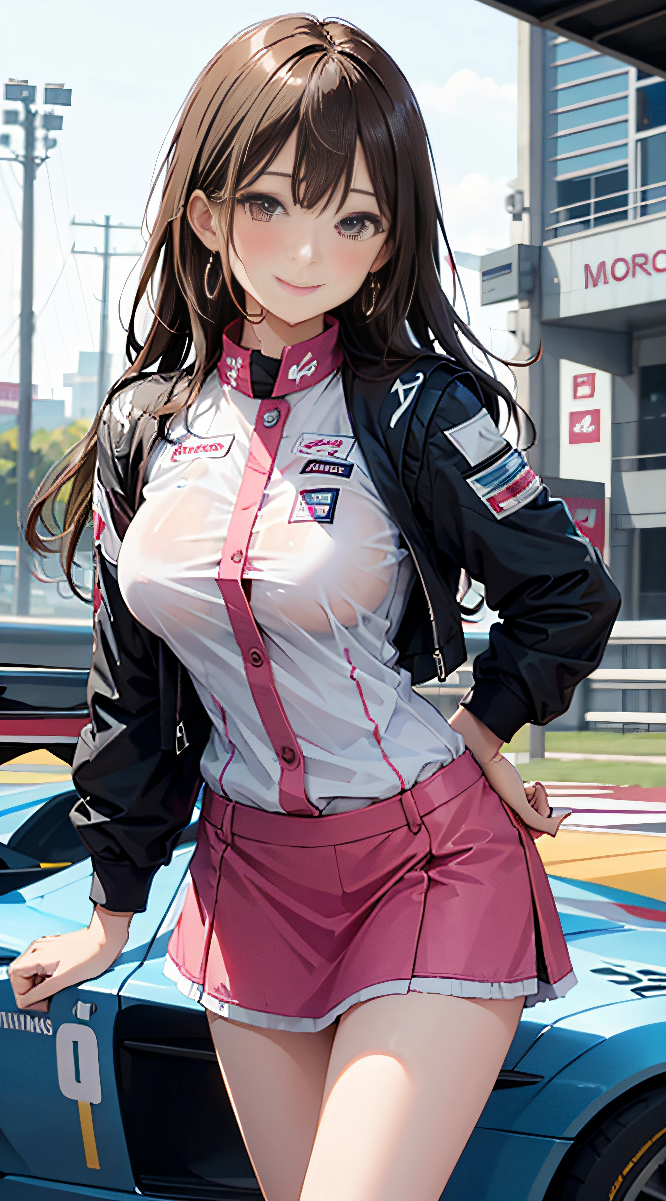 a 20 yo woman、Wet dress、large full breasts、biomechanical oppai, oppai proportions, Shy smile、 knee high stockings, Adult Woman, (cum in vaginas:1.3), Long Wave Hair、dark brown hair, a miniskirt, (shiny skins), Brown-eyed, Kamimei、Long Wave Hair、puffies、Stockings、up skirt、Puffy hips、Large earrings、a necklace、 (Stand in a motorsport race)+, sexy hips、Kamimei、Chest opening、Chest Emphasis Pose、Pink panty、bra with pink lace