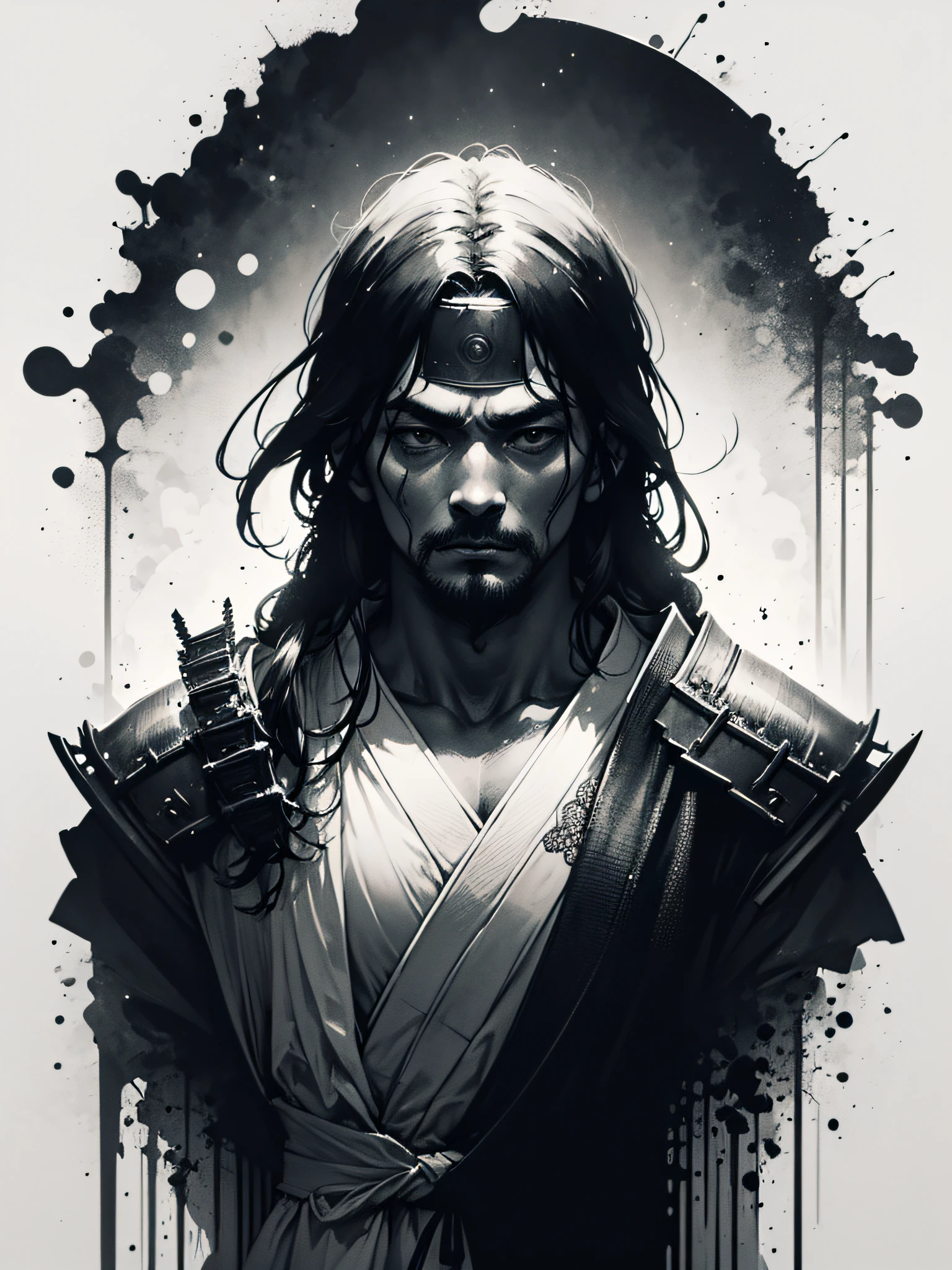 masterpiece of a Samurai on his back with his armor, made by Aase Berg, high contrast color details, black and white, anime style, Japanese theme, hyperdetailed, ultra quality, 4k, intricate, chiaroscuro lighting, white background with one color ink splotches.