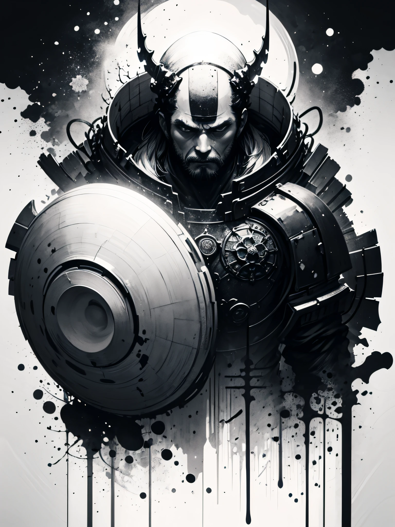 masterpiece of a Samurai on his back with his armor, made by Aase Berg, high contrast color details, black and white, anime style, Japanese theme, hyperdetailed, ultra quality, 4k, intricate, chiaroscuro lighting, white background with one color ink splotches.