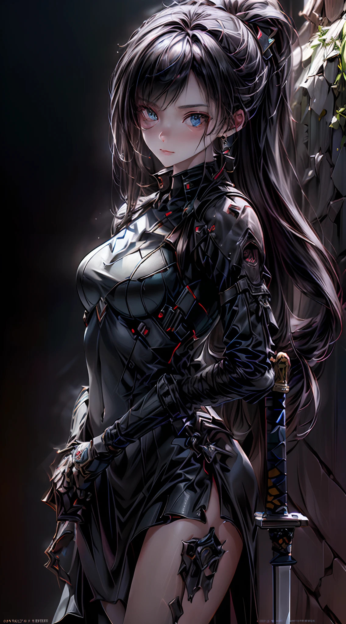 a young woman with 4 breasts wearing futuristic biomechanical armor, long black hair with v-shaped bangs, hyperrealistic, cinematic lighting, highly detailed, award winning cg artwork, artstation, intricate, elegant, striking pose, dramatic, powerful, mysterious, glowing red energy, moody atmosphere