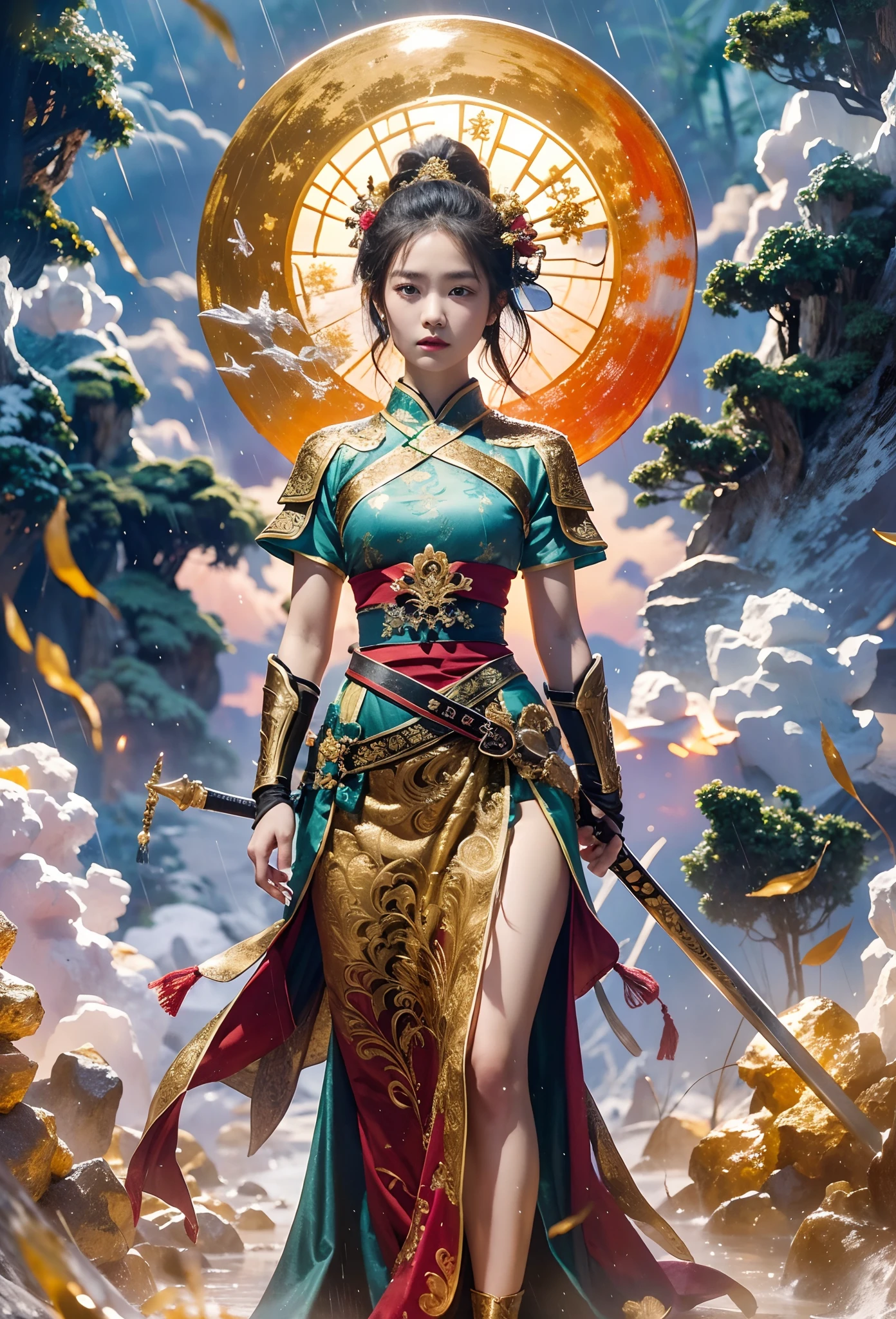 fantasy, Landscape photo of the forest, Chinese martial arts style, The skin is wet and shiny, (A 25-year-old girl samurai wears a black combat uniform，Hold a sword with gold details and glowing, Golden cape), (In a dense bamboo forest，Forest path, Night, thunderstorm, Dark sky, rain: 1.2), China-style, barbara (Genshin Impact:0.5), Elsa (Frozen):0.5, (Intricate details:1.2), Black hair, Wavy hair, lamplight, Sad, Brown eyes, symmetrical features, Detailed hands, Detailed fingers, (Masterpiece:1.2), (Epic composition:1.4), (talent:1.2), Ultra detailed, Highly detailed, insanely details, (Photorealistic:1.2), hdr, 8K, Exquisite, Sharp, elegant, fantasy vivid colors, High quality, battle garment, (full body shot of: 1.8)，(Faraway view: 1.8)，ultra-wide-angle