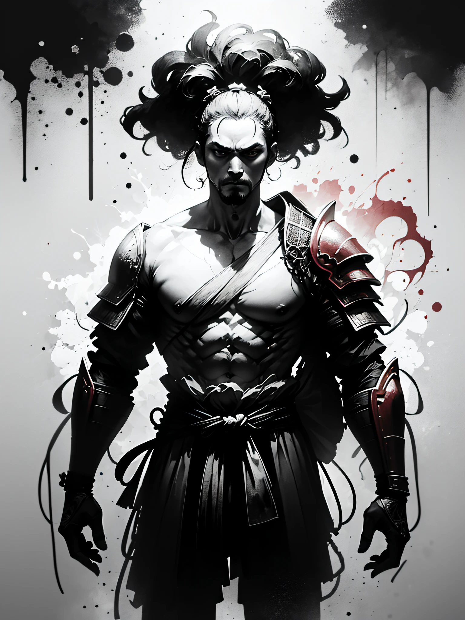 masterpiece of a Samurai on his back with his armor, made by Aase Berg, high contrast color details, black and white, anime style, Japanese theme, hyperdetailed, ultra quality, 4k, intricate, chiaroscuro lighting, white background with one color ink splotches.
