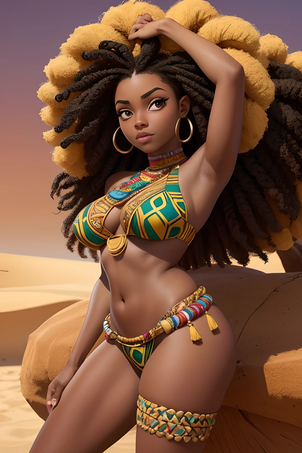 mulher + africana + latina + pele escura + corpo inteiro + totalmente nua + deserto + African braids + cabelo longo + seio grande + abdome definido + tatuagem no peito + colar afro + coroa de ossos