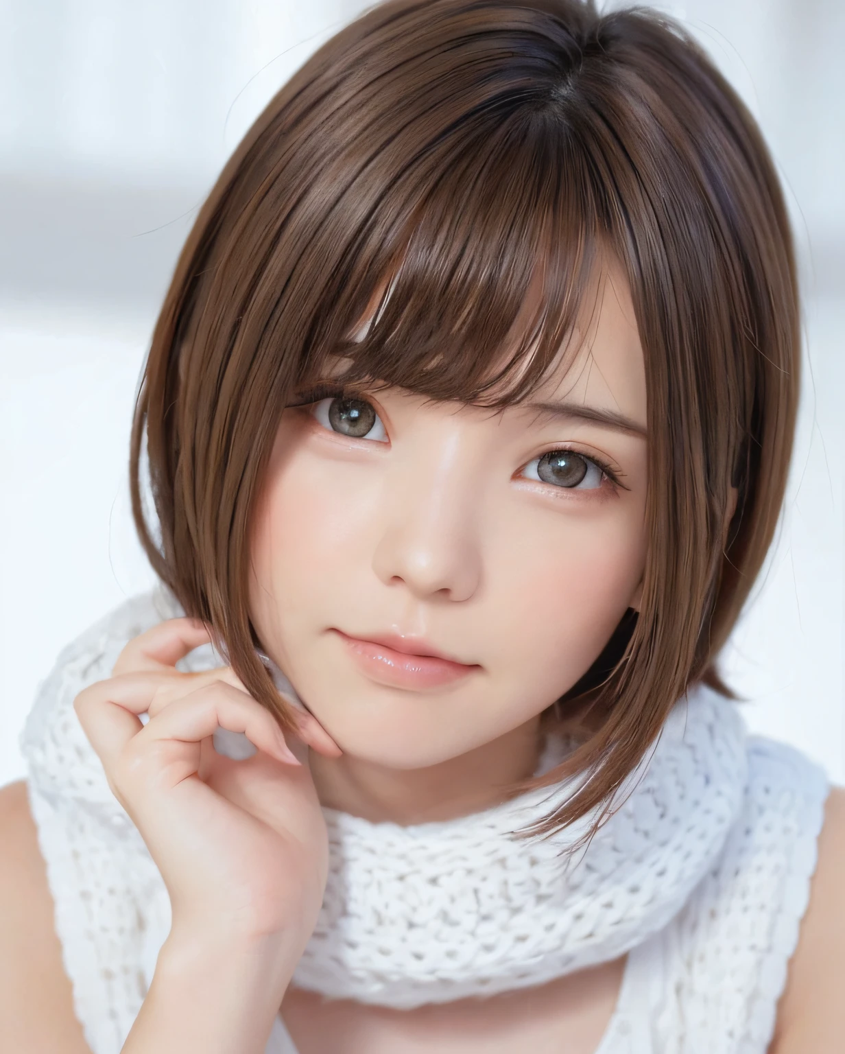 Best Quality, Photorealistic, 8K, hight resolution, fulcolor, 1girll, Woman, 20yr old female, (Closed mouth:1.73), with a pure white background，Bring skin care products closer to the cheeks，With fair skin，semi transparent， view the viewer:1.8, (1girl eyes looking at viewer:1.55), (Medium Hair, brown haired, parted hair:1.45), (Bokeh),