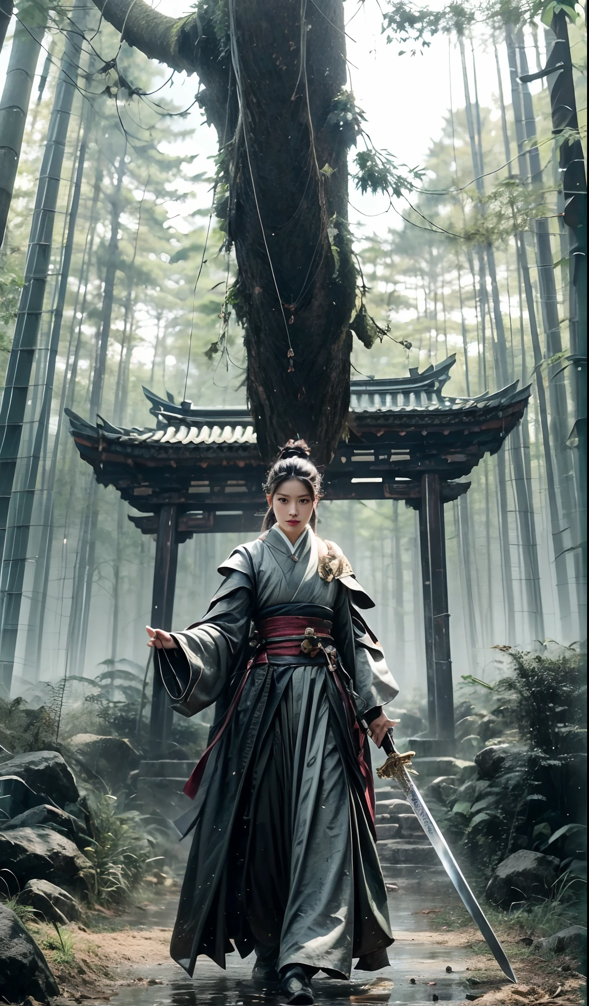 fantasy, Landscape photo of the forest, Chinese martial arts style, The skin is wet and shiny, (A 25-year-old girl samurai wears a black combat uniform，Hold a sword with golden details and glowing, Golden cape), (In a dense bamboo forest，Forest path, Night, thunderstorm, Dark sky, rain: 1.2), China-style, barbara (Genshin Impact:0.5), Elsa (Frozen):0.5, (Intricate details:1.2), Black hair, Wavy hair, lamplight, Sad, Brown eyes, symmetrical features, Detailed hands, Detailed fingers, (Masterpiece:1.2), (Epic composition:1.4), (talent:1.2), Ultra detailed, Highly detailed, insanely details, (Photorealistic:1.2), hdr, 8K, Exquisite, Sharp, elegant, fantasy vivid colors, High quality, battle garment, (full body shot of: 1.8)，(Faraway view: 1.8)，ultra-wide-angle